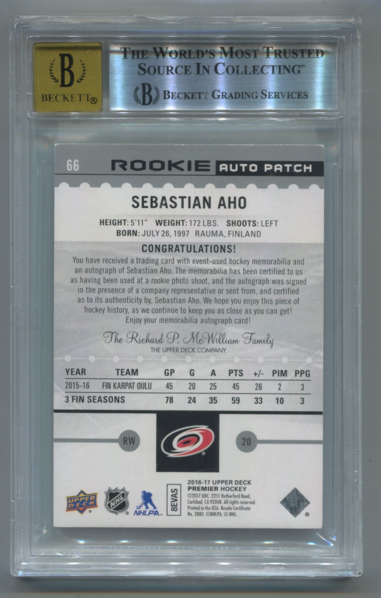 2016-17 Upper Deck Premier #66 Sebastian Aho #279/299 BGS 8 (Auto 10) (Rookie)