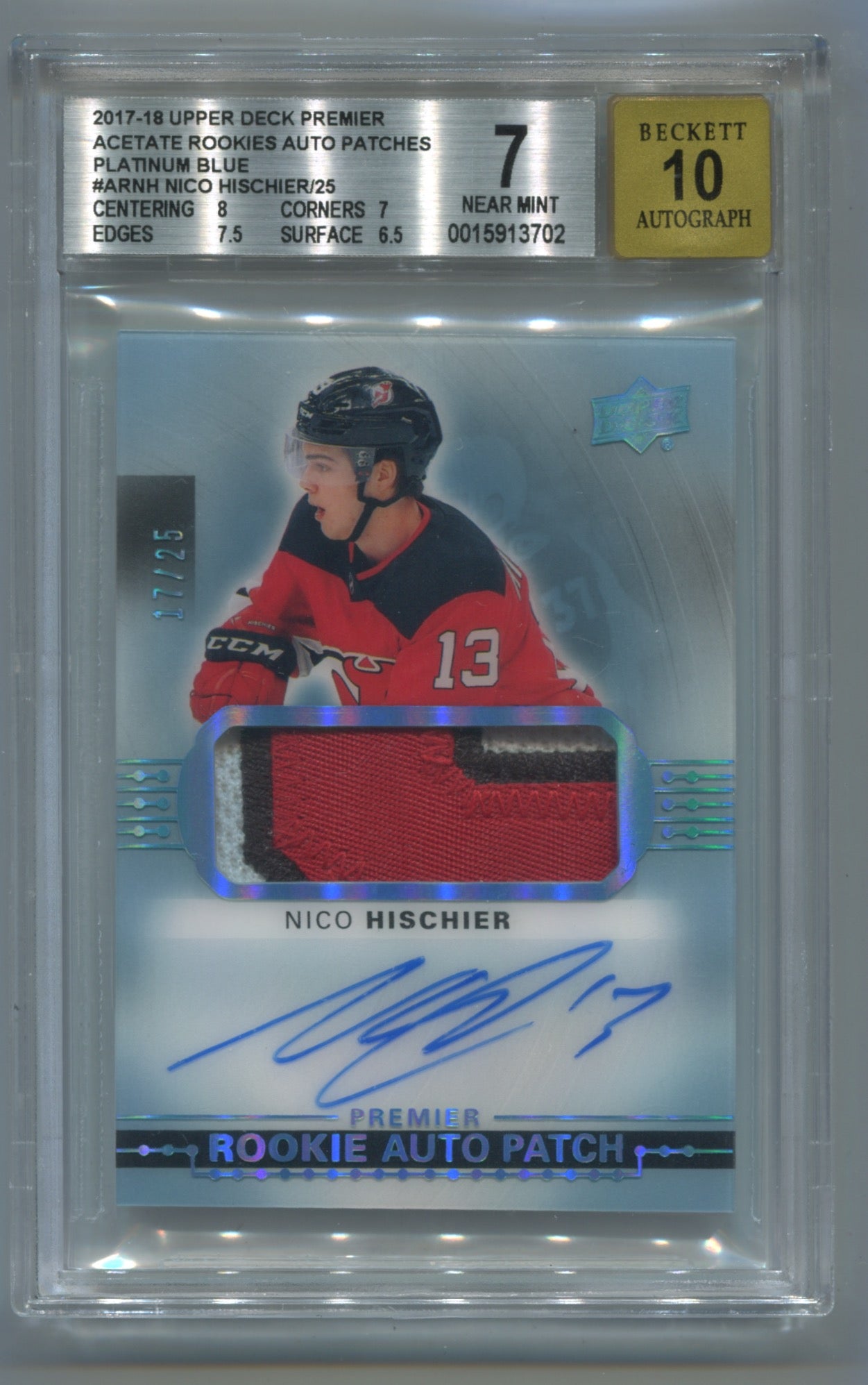 2017-18 Upper Deck Platinum Blue Acetate Auto Patch #ARNH Nico Hischier #17/25 BGS 7 (Auto 10) (Rookie)