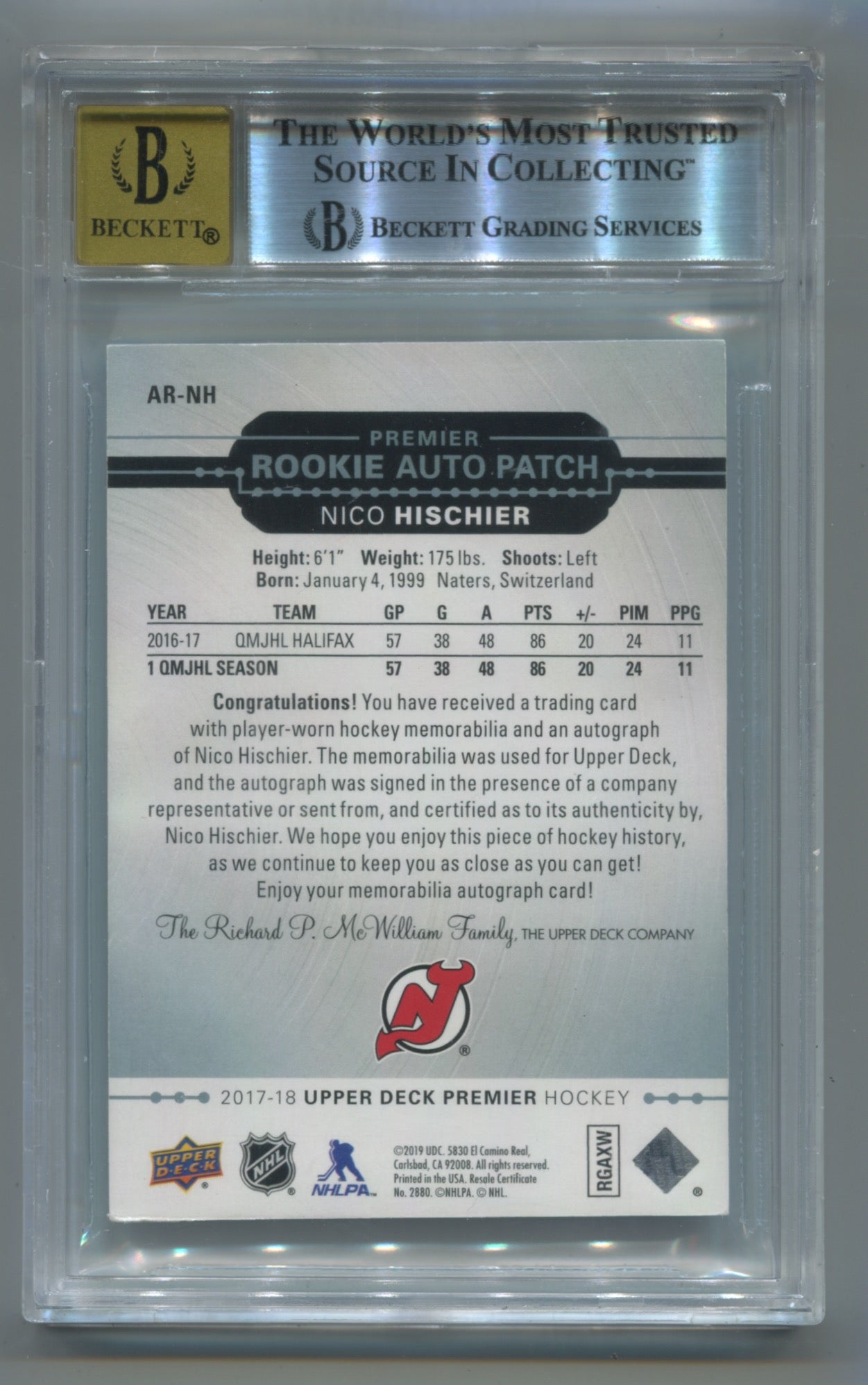 2017-18 Upper Deck Platinum Blue Acetate Auto Patch #ARNH Nico Hischier #17/25 BGS 7 (Auto 10) (Rookie)