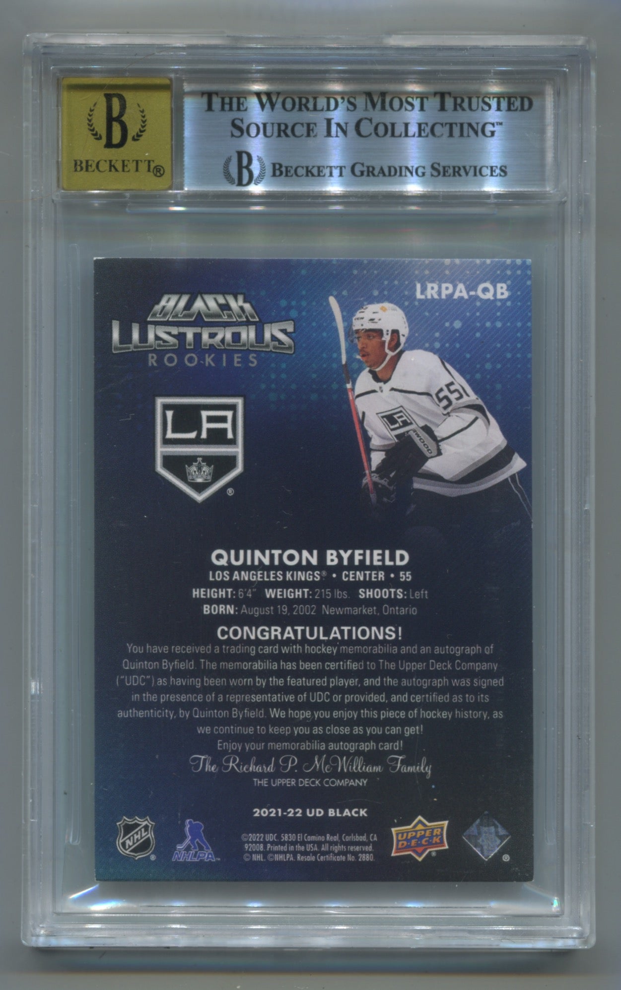 2021-22 Upper Deck Black Lustrous Rookie Autograph Patch #LRPAQB Quinton Byfield #72/75 BGS 8 (Auto 10) (Rookie)