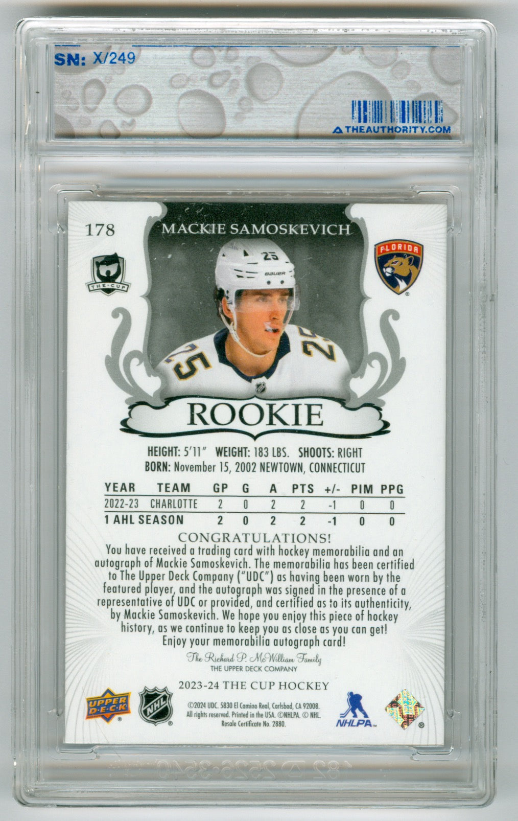 2023-24 Upper Deck The Cup #178 Mackie Samoskevich #220/249 (Rookie)