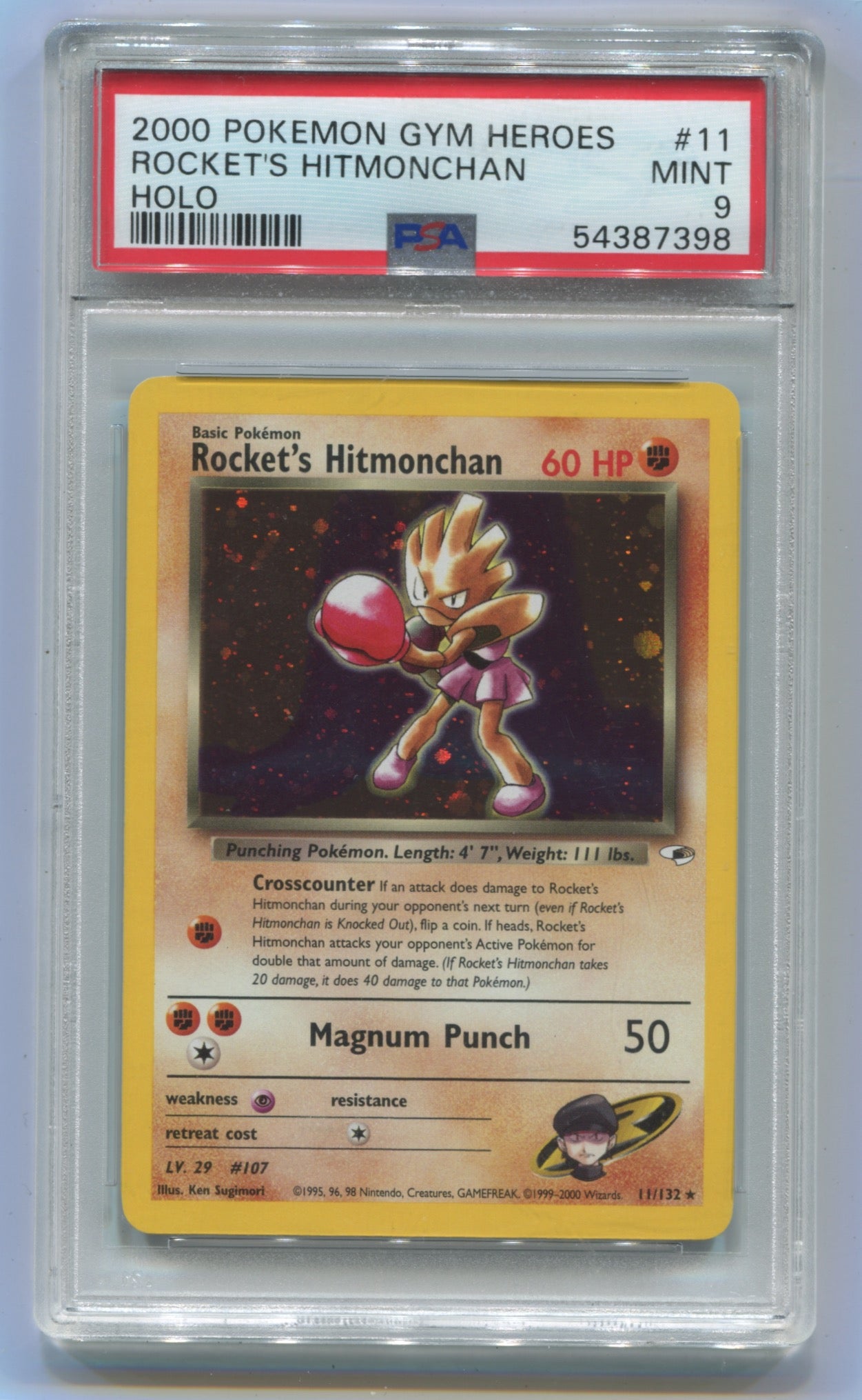 2000 Pokemon Gym Heroes Unlimited #11 Rocket's Hitmonchan - Holo PSA 9