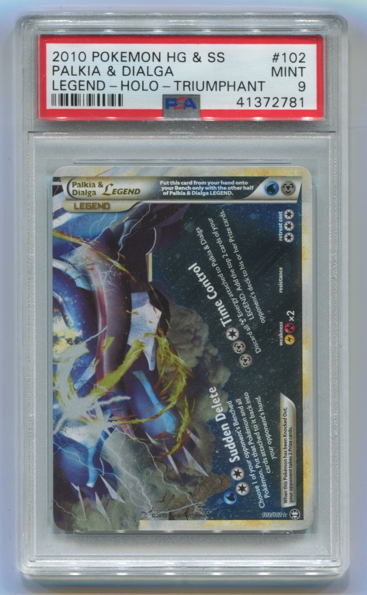 2010 Pokemon Triumphant #102 Palkia & Dialga Legend - Holo PSA 9
