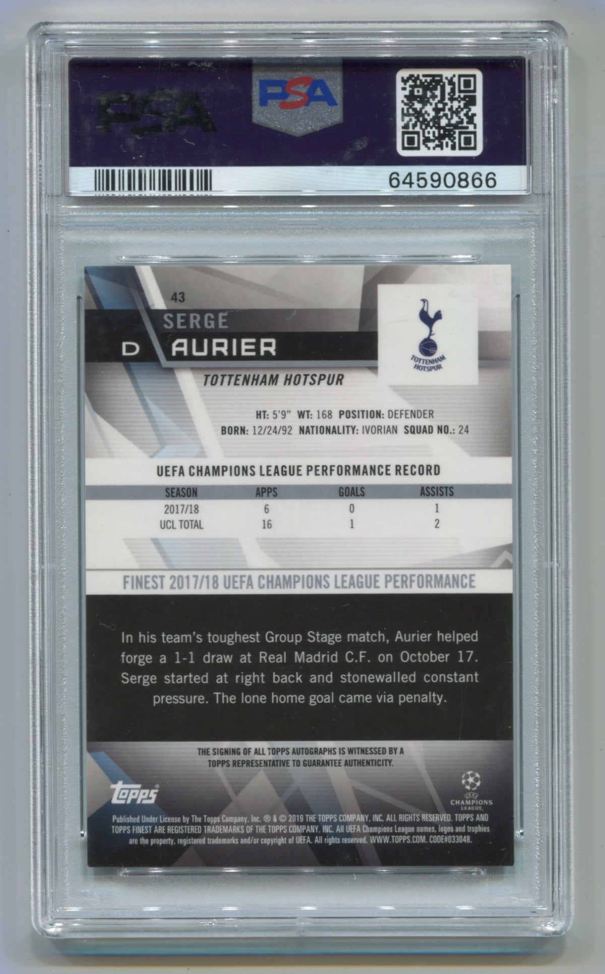 2018-19 Topps Finest UEFA Champions League Auto #143 Serger Aurier PSA 8