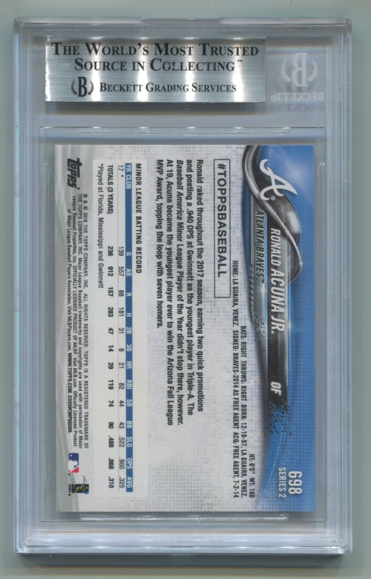 2018 Topps Variation- Bat Head Down #698 Ronald Acuna Jr. BGS 9 (Rookie)