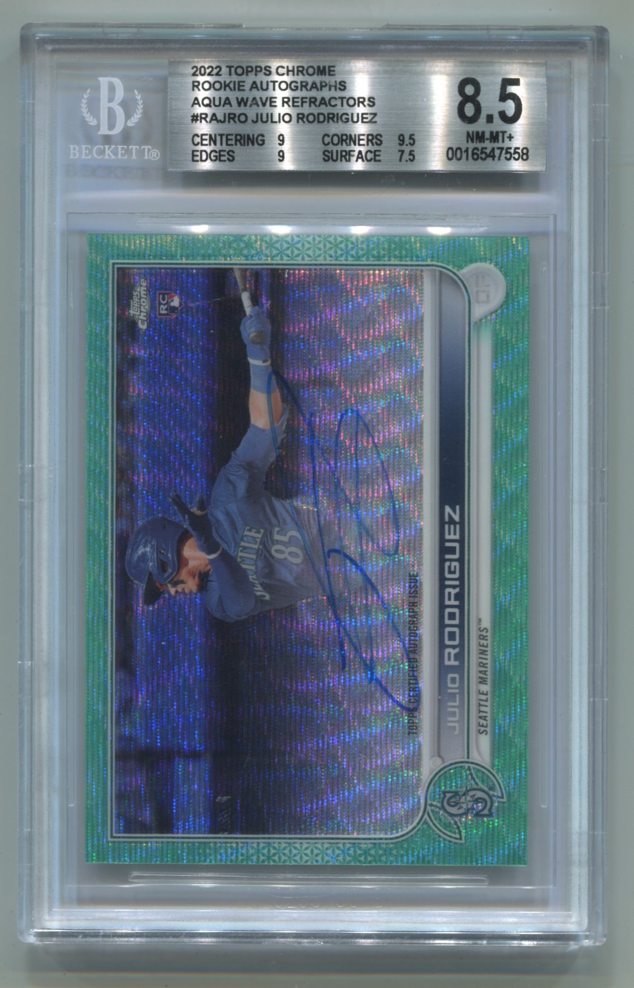 2022 Topps Chrome Rookie Autographs Aqua Wave Refractor #RAJRO Julio Rodriguez #045/199 BGS 8.5 (Rookie)