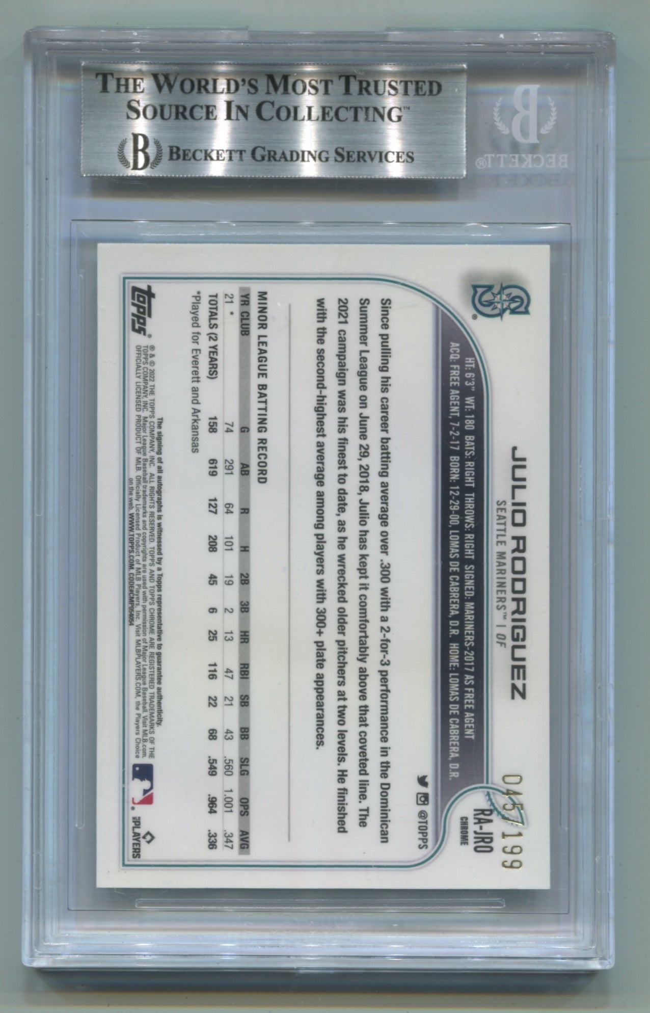 2022 Topps Chrome Rookie Autographs Aqua Wave Refractor #RAJRO Julio Rodriguez #045/199 BGS 8.5 (Rookie)