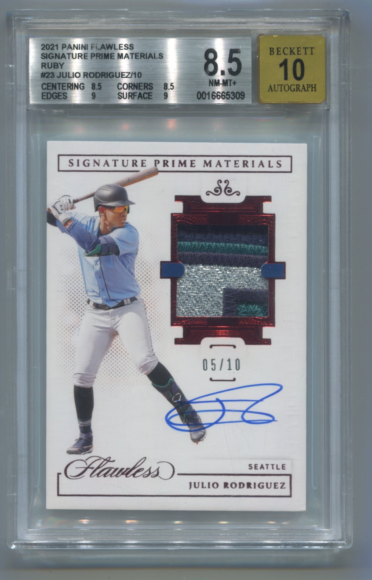 2021 Panini Flawless Signature Materials Prime Ruby #SPM-JR Julio Rodriguez #05/10 BGS 8.5 (Auto 10)