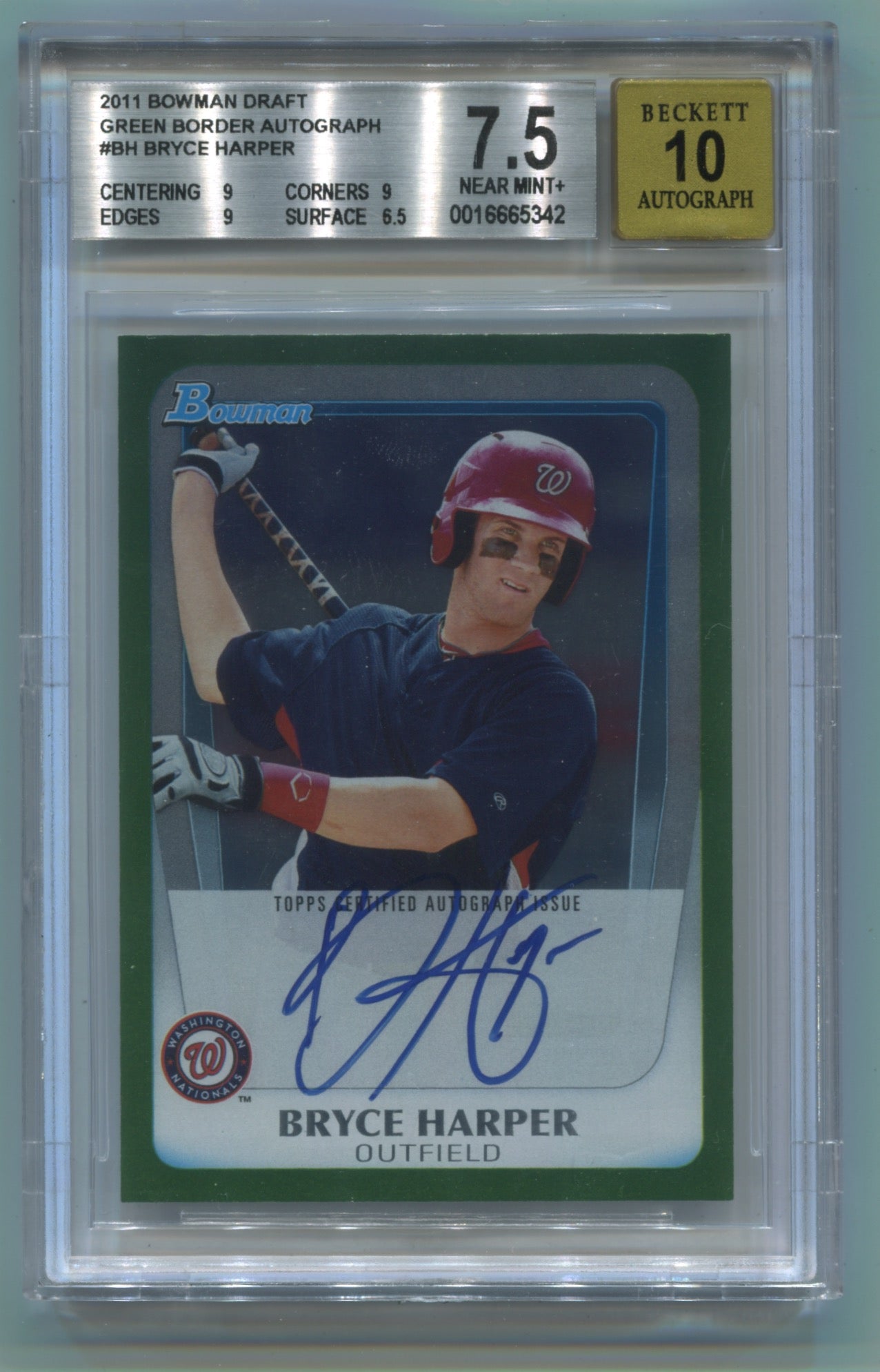 2011 Bowman Draft Green Border Autograph #BH Bryce Harper #042/350 BGS 7.5 (Auto 10)