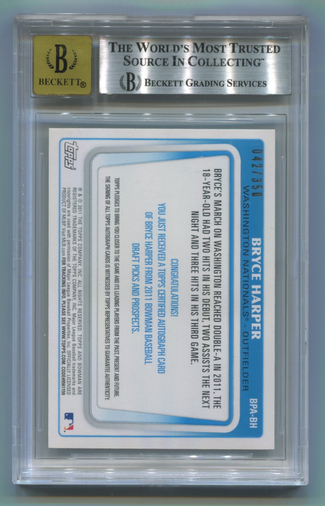 2011 Bowman Draft Green Border Autograph #BH Bryce Harper #042/350 BGS 7.5 (Auto 10)