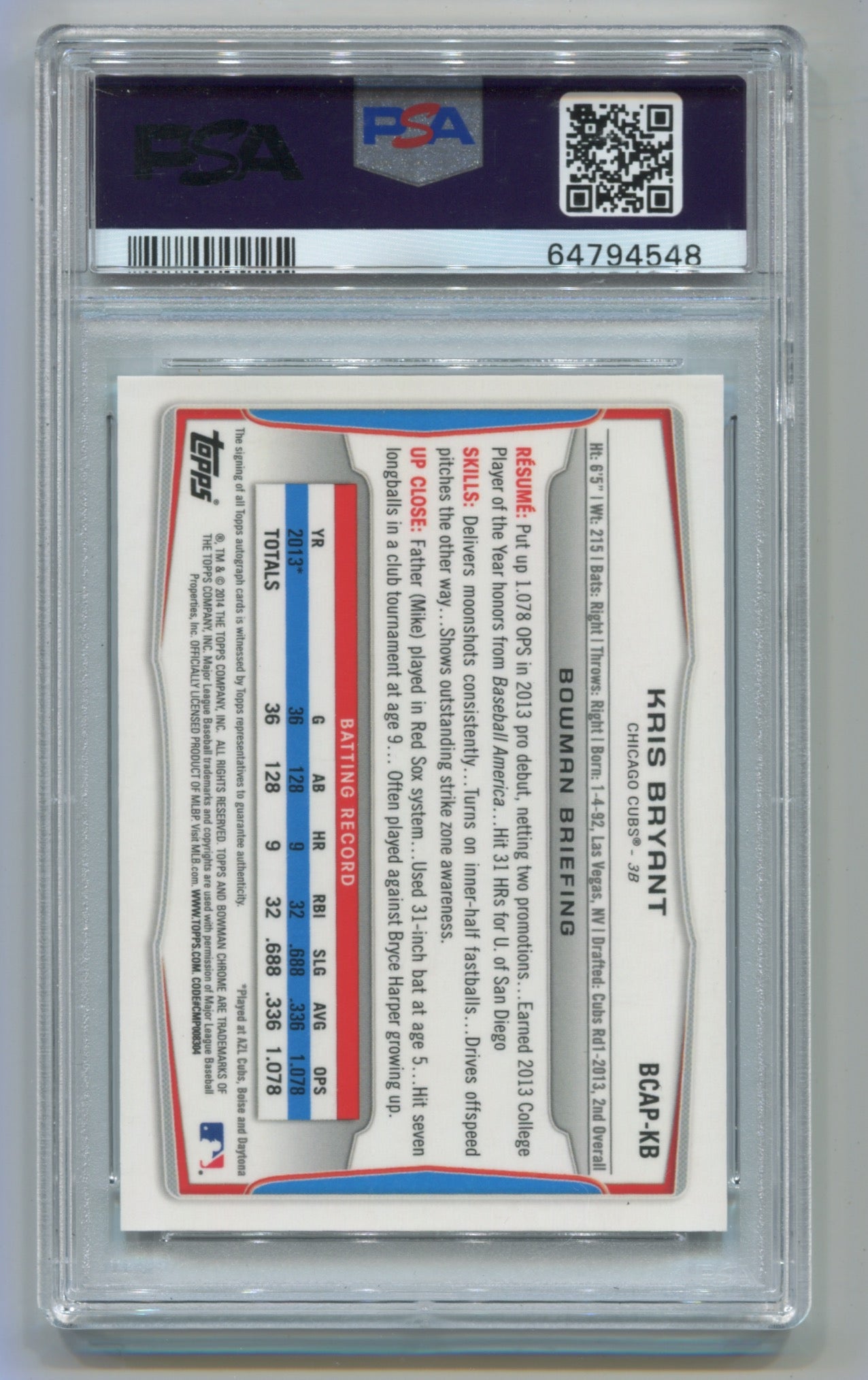2014 Bowman Chrome Prospect Autograph #KB Kris Bryant PSA 9