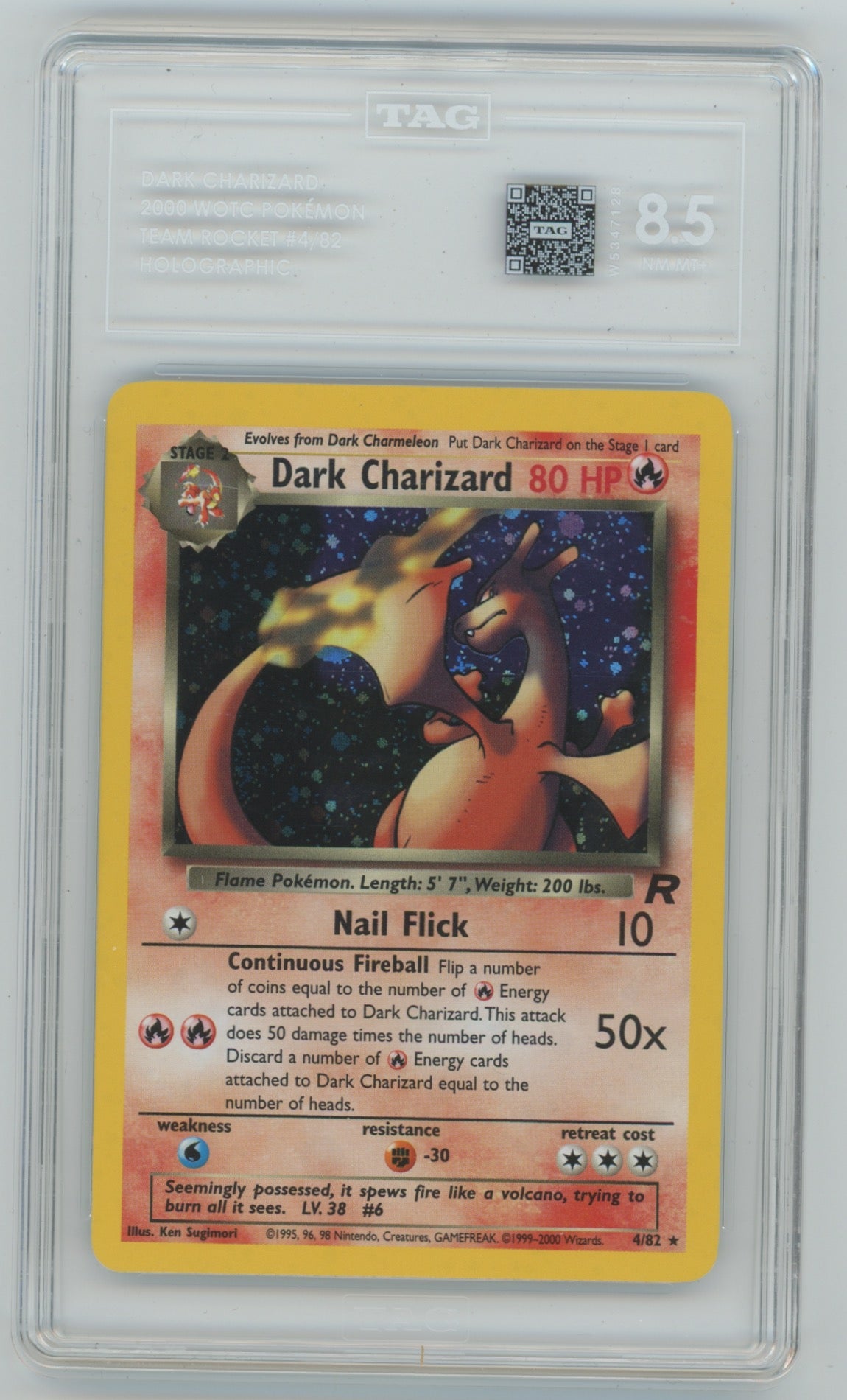 2000 Pokemon Team Rocket Unlimited #4 Dark Charizard - Holo TAG 8.5