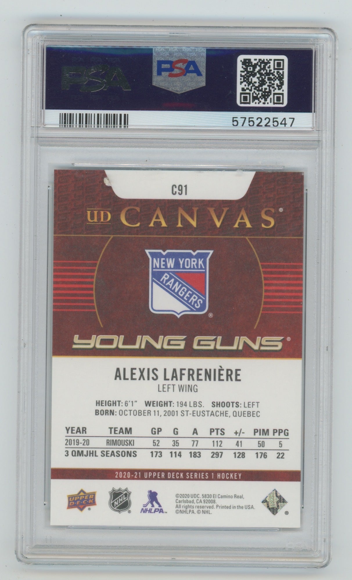 2020-21 Upper Deck UD Canvas #C91 Alexis Lafreniere PSA 10 (Rookie)
