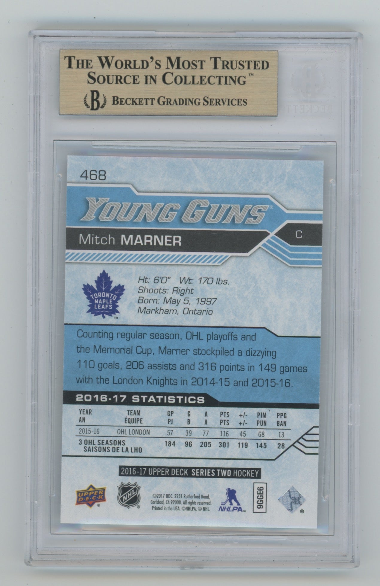 2016-17 Upper Deck #468 Mitch Marner BGS 9.5 (Rookie)