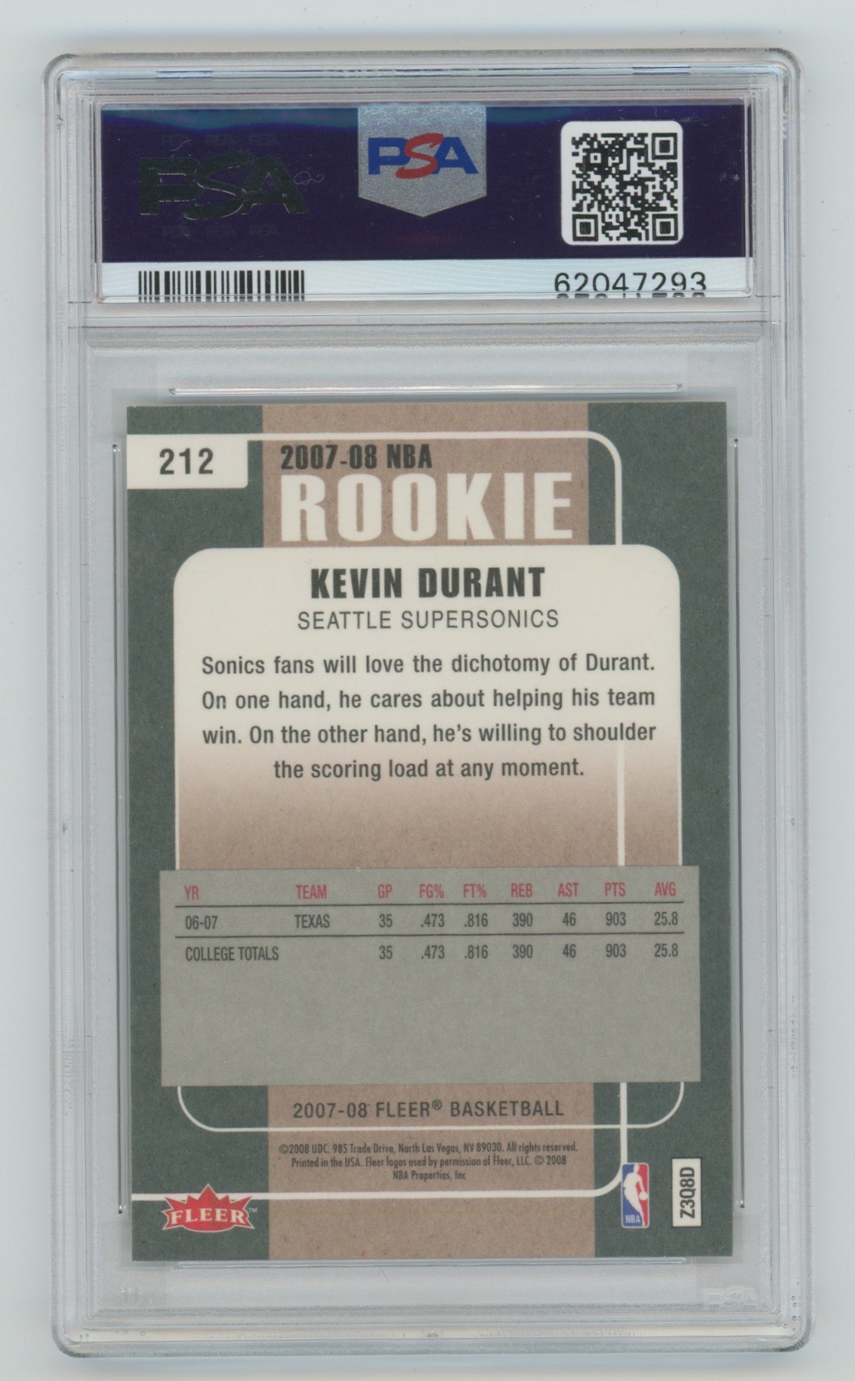 2007-08 Fleer #212 Kevin Durant PSA 8 (Rookie)