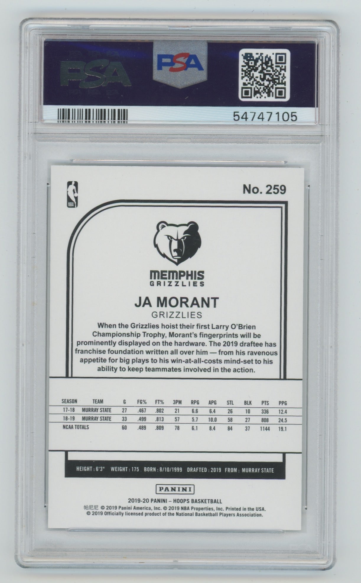 2019-20 Panini Hoops #259 Ja Morant PSA 10 (Rookie)