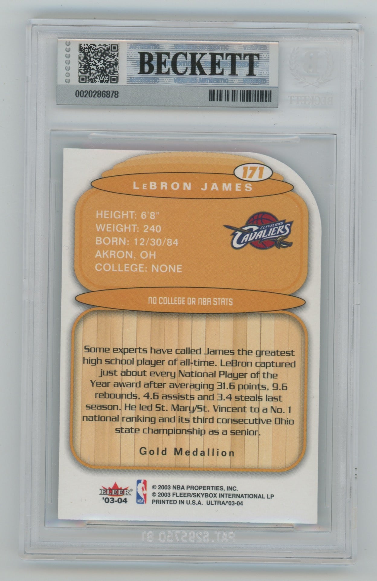 2003-04 Fleer Ultra Gold Medallion #171 LeBron James BGS 8.5 (Rookie)