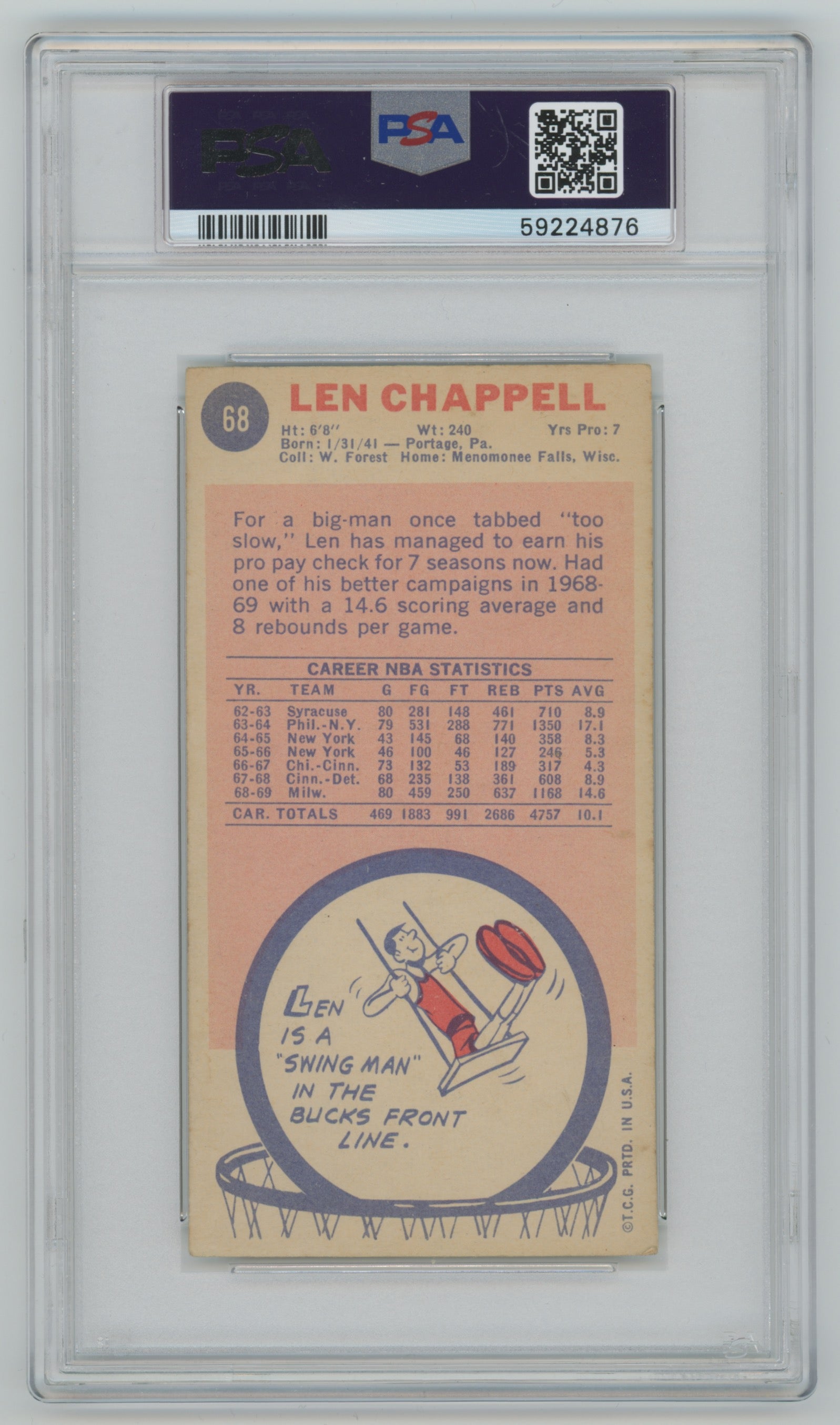 1969-70 Topps #68 Len Chappell PSA 3