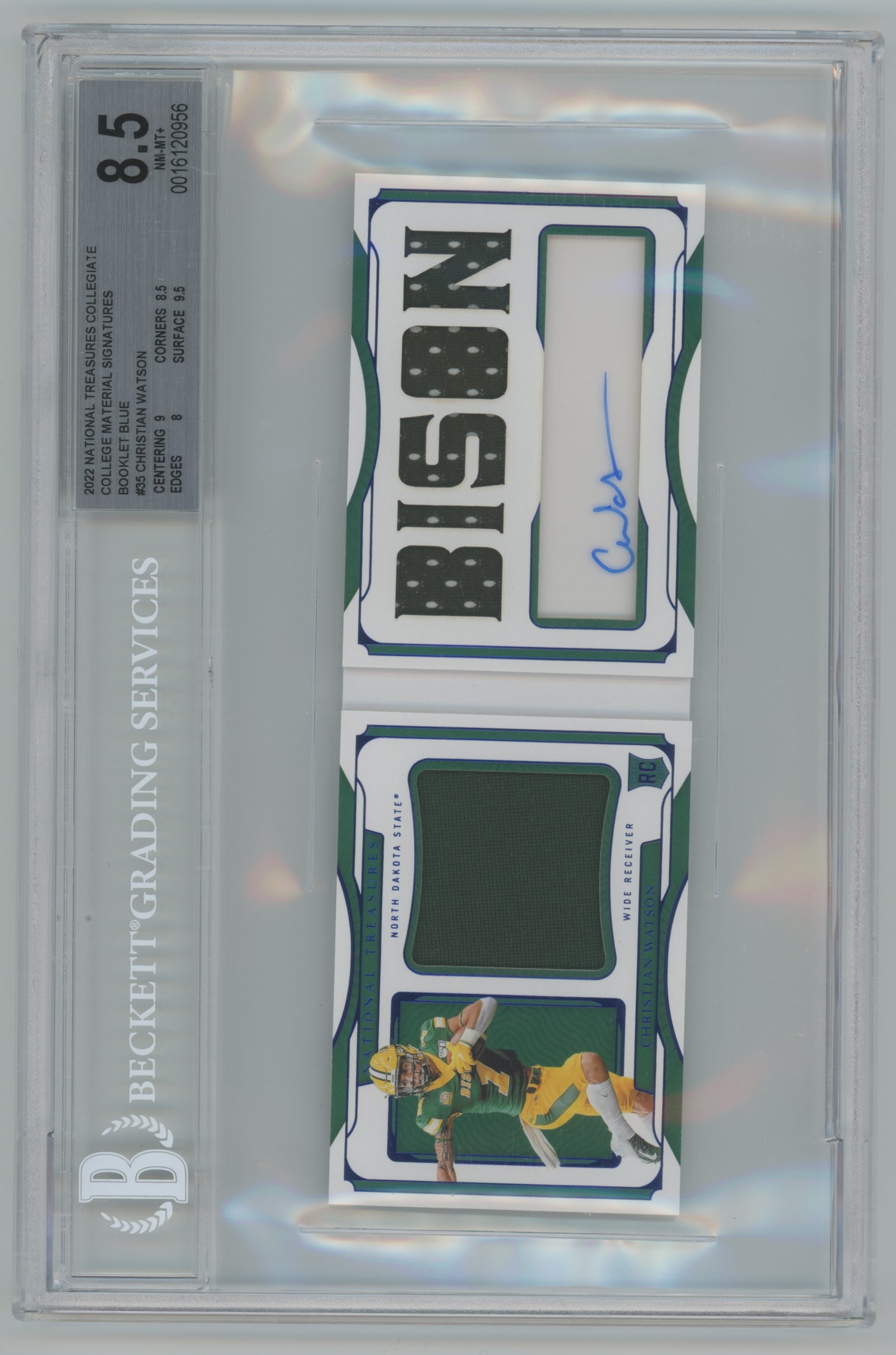 2022 National Treasures Collegiate College Material Signatures Booklet Blue #SB-CWA Christian Watson #50/75 BGS 8.5 (Auto 10) (Rookie)