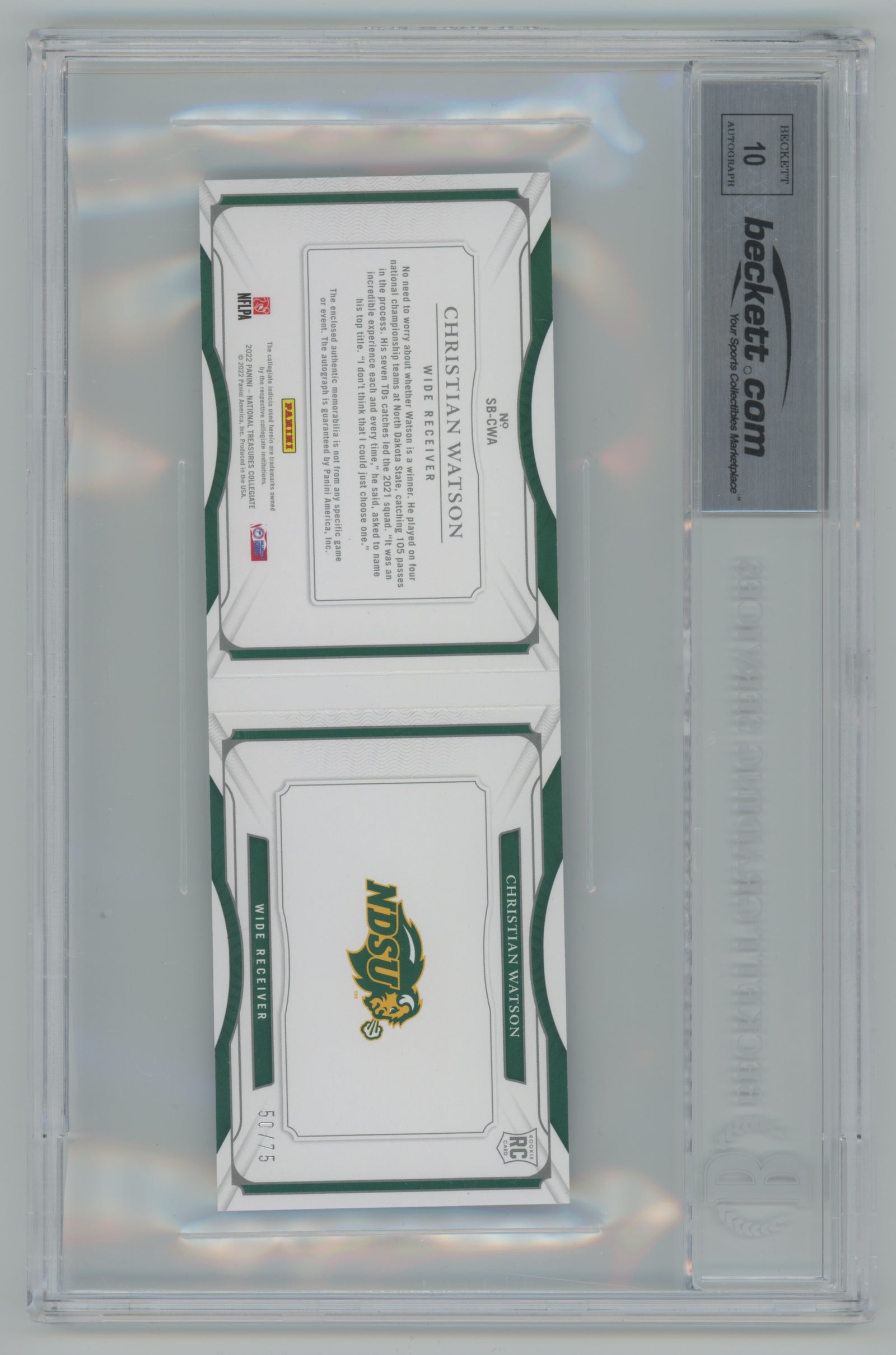 2022 National Treasures Collegiate College Material Signatures Booklet Blue #SB-CWA Christian Watson #50/75 BGS 8.5 (Auto 10) (Rookie)