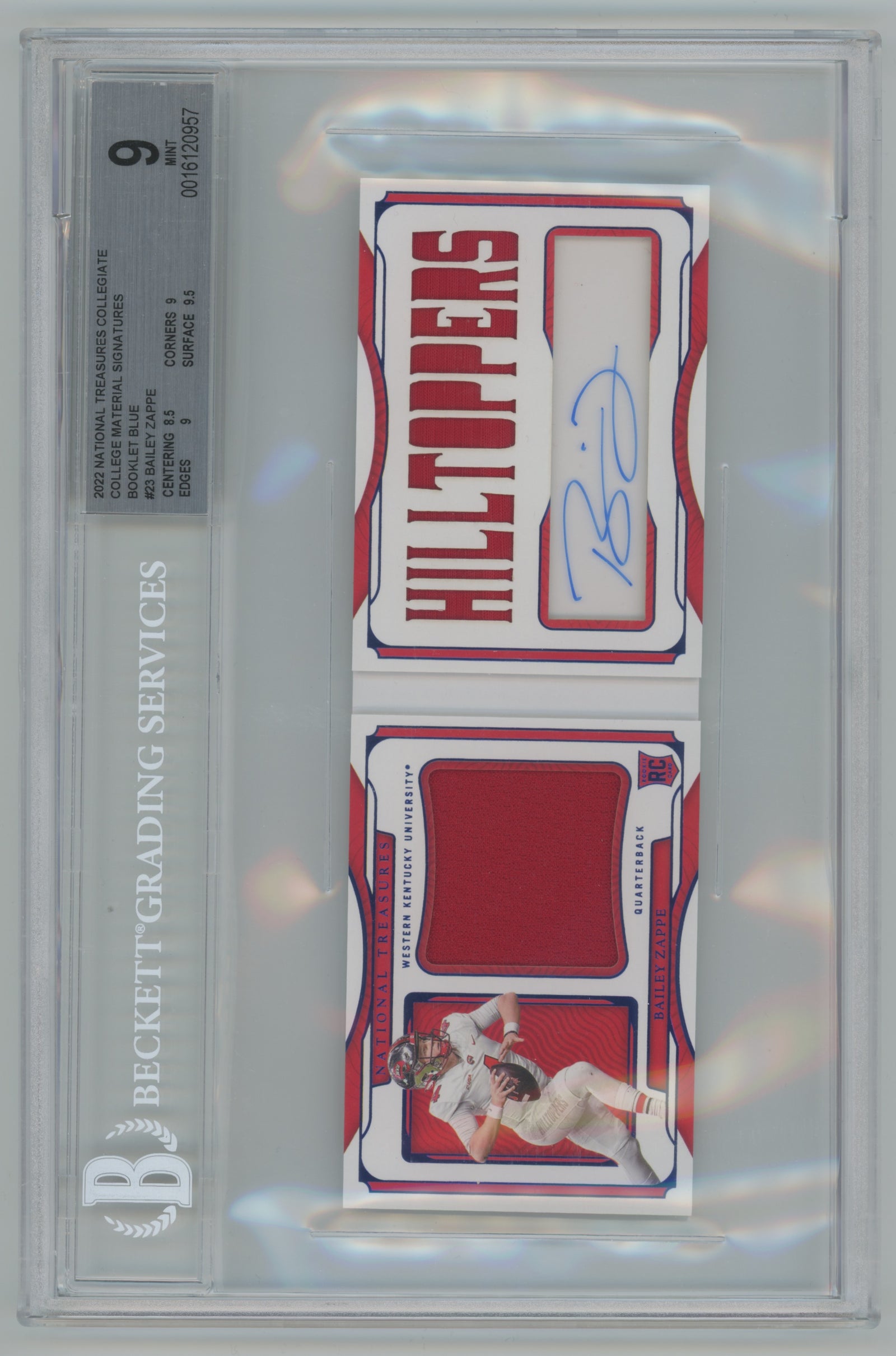 2022 National Treasures Collegiate College Material Signatures Booklet Blue #SB-BZA Bailey Zappe #57/75 BGS 9 (Auto 10) (Rookie)