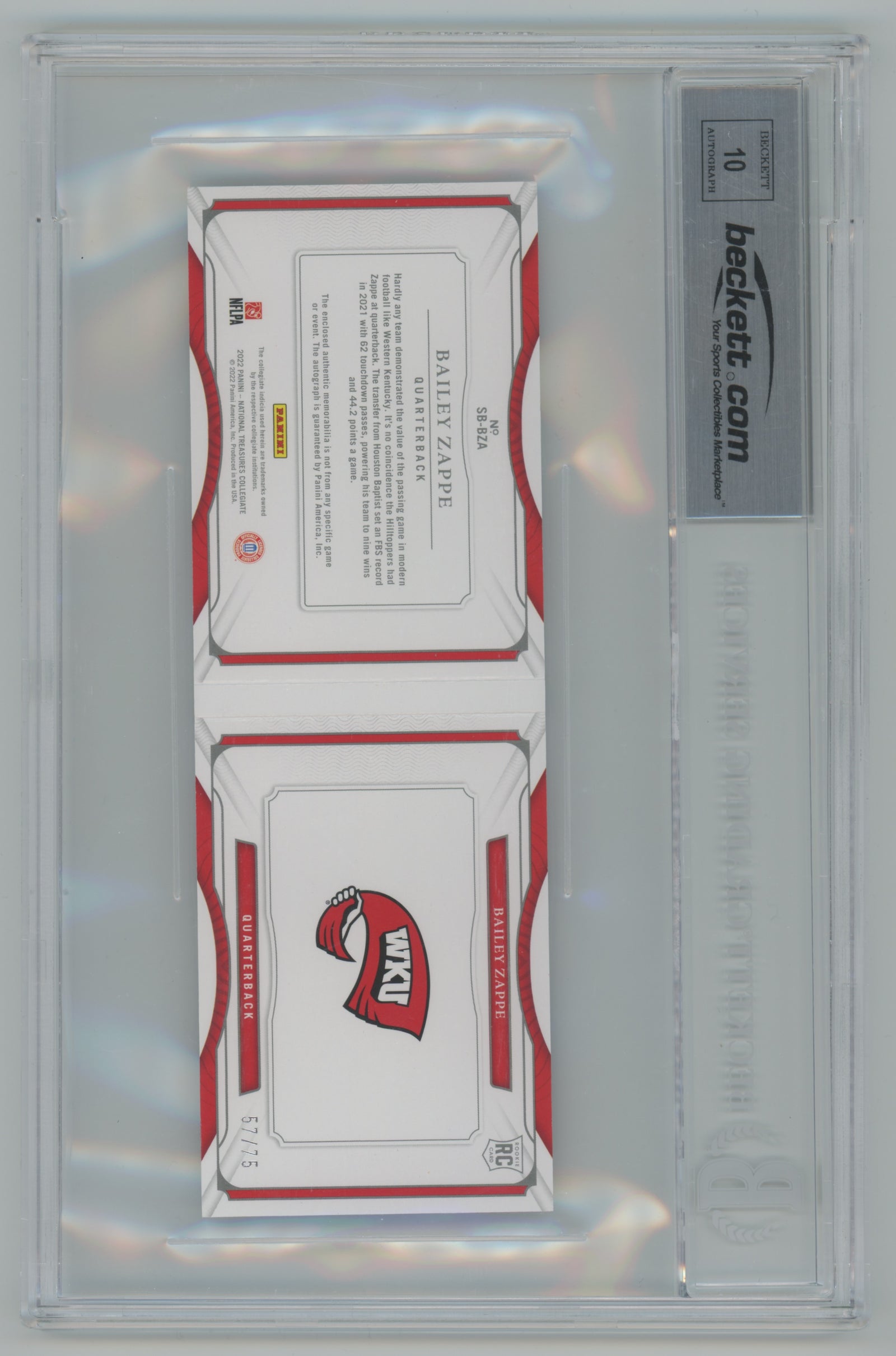 2022 National Treasures Collegiate College Material Signatures Booklet Blue #SB-BZA Bailey Zappe #57/75 BGS 9 (Auto 10) (Rookie)