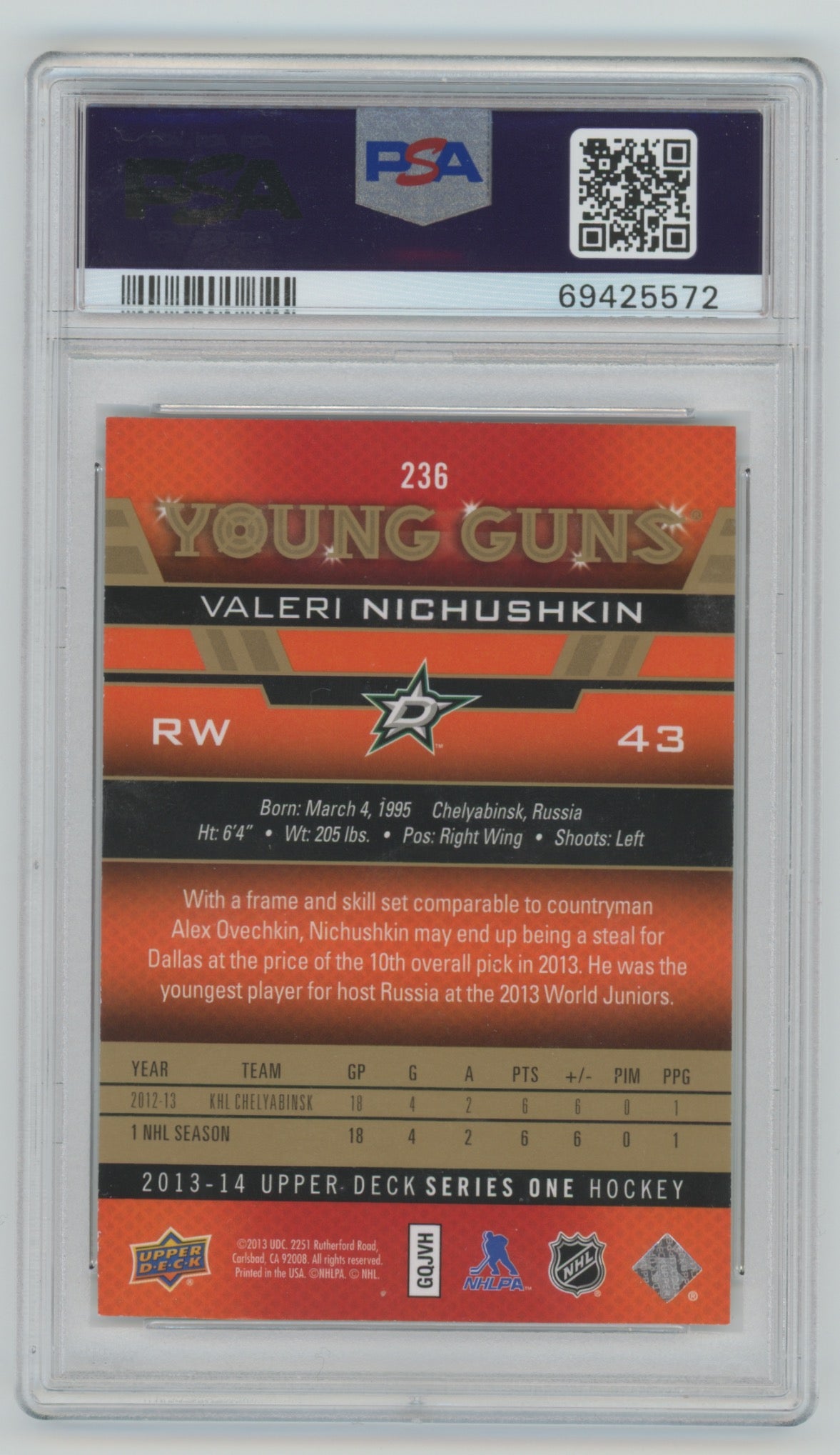 2013-14 Upper Deck UD Exclusives #236 Valeri Nichushkin #036/100 PSA 9 (Rookie)