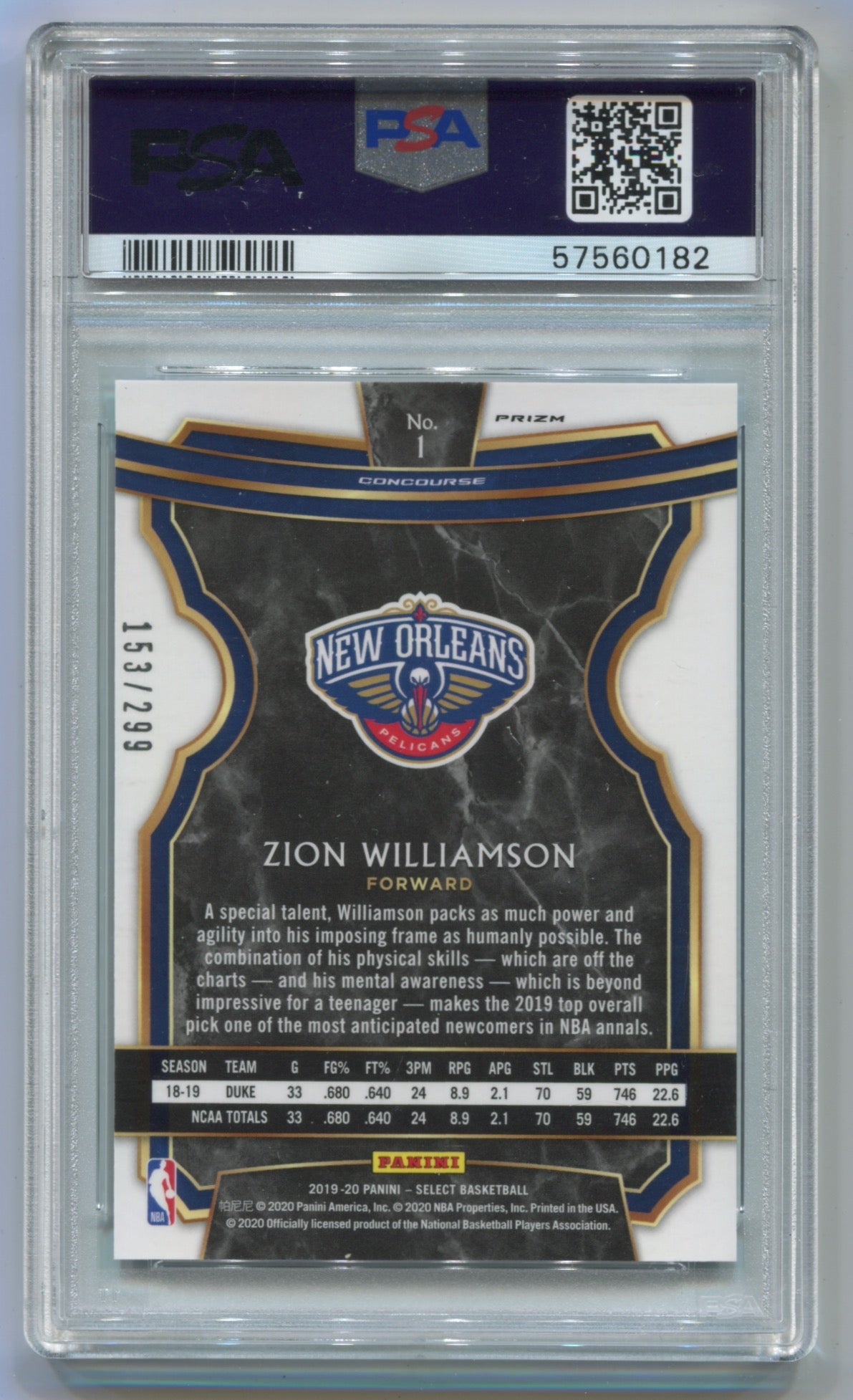 2019-20 Panini Select Light Blue Prizm #1 Zion Williamson #153/299 PSA 10 (Rookie)