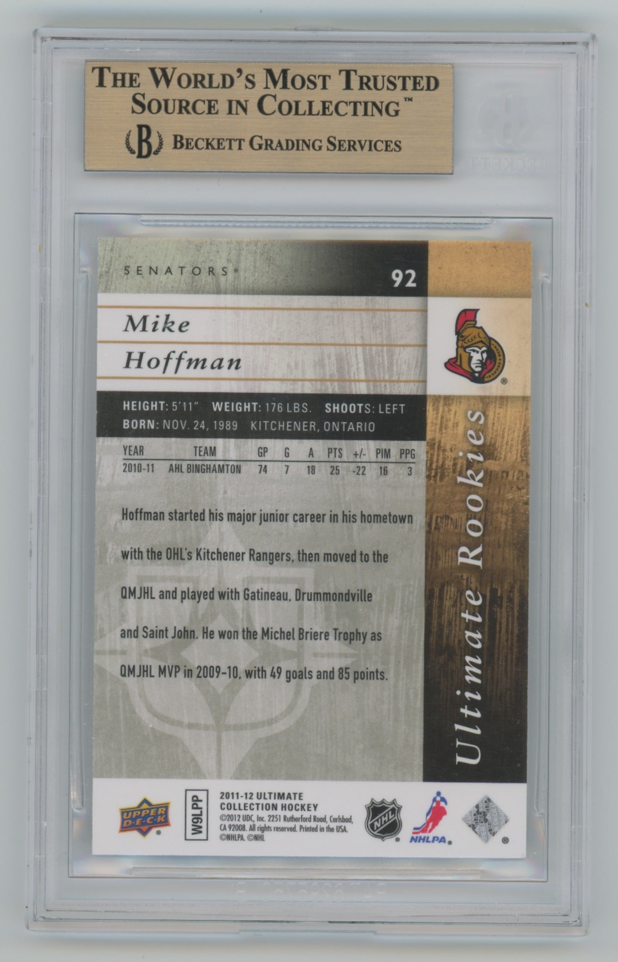 2011-12 Ultimate Collection #92 Mike Hoffman #252/399 BGS 9.5 (Rookie)
