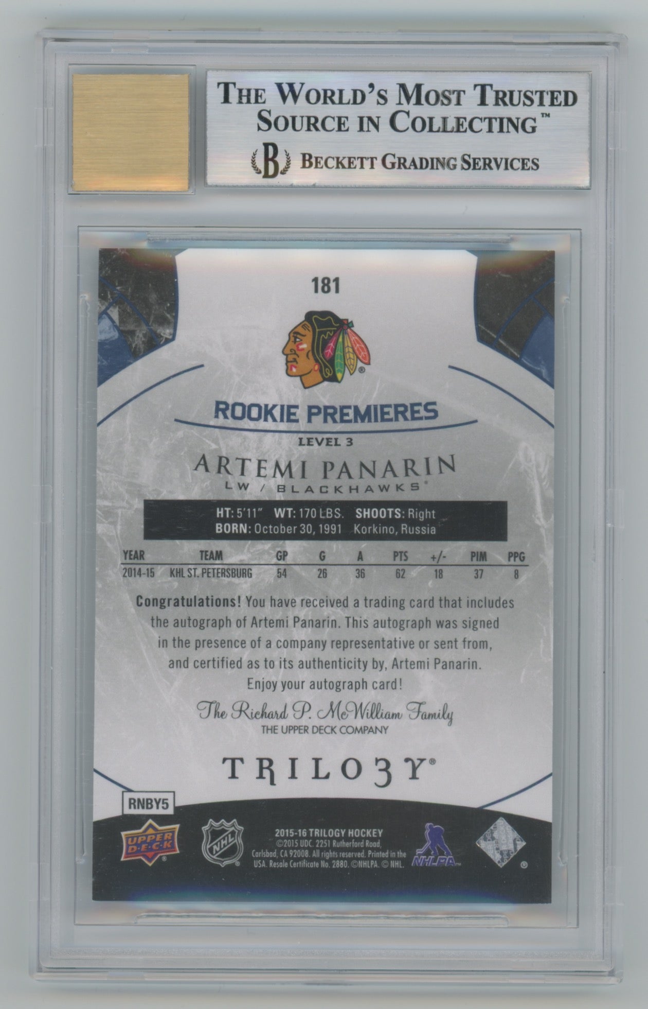 2015-16 Upper Deck Trilogy Rainbow Blue Auto #181 Artemi Panarin #67/72 BGS 9 (Auto 10) (Rookie)
