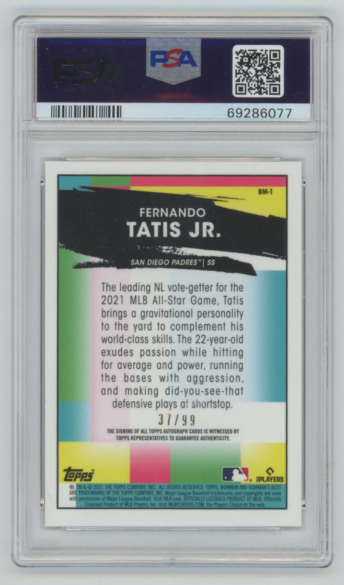 2021 Bowman's Best Bowman Masterpieces Autograph #BM1 Fernando Tatis Jr. #37/99 PSA 9