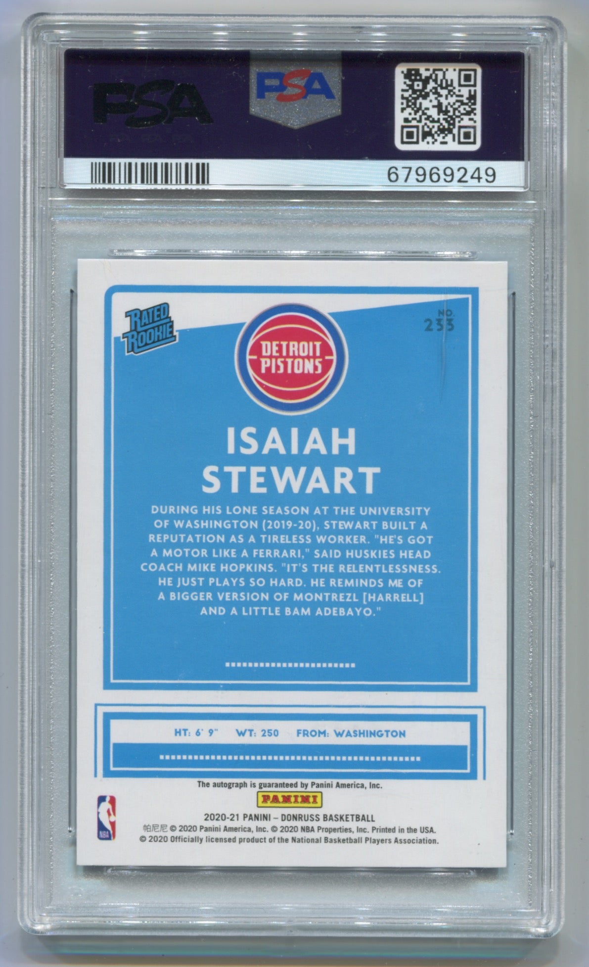 2020-21 Donruss Signatures Choice Blue #233 Isaiah Stewart #10/49 PSA 10 (Auto 10) (Rookie)