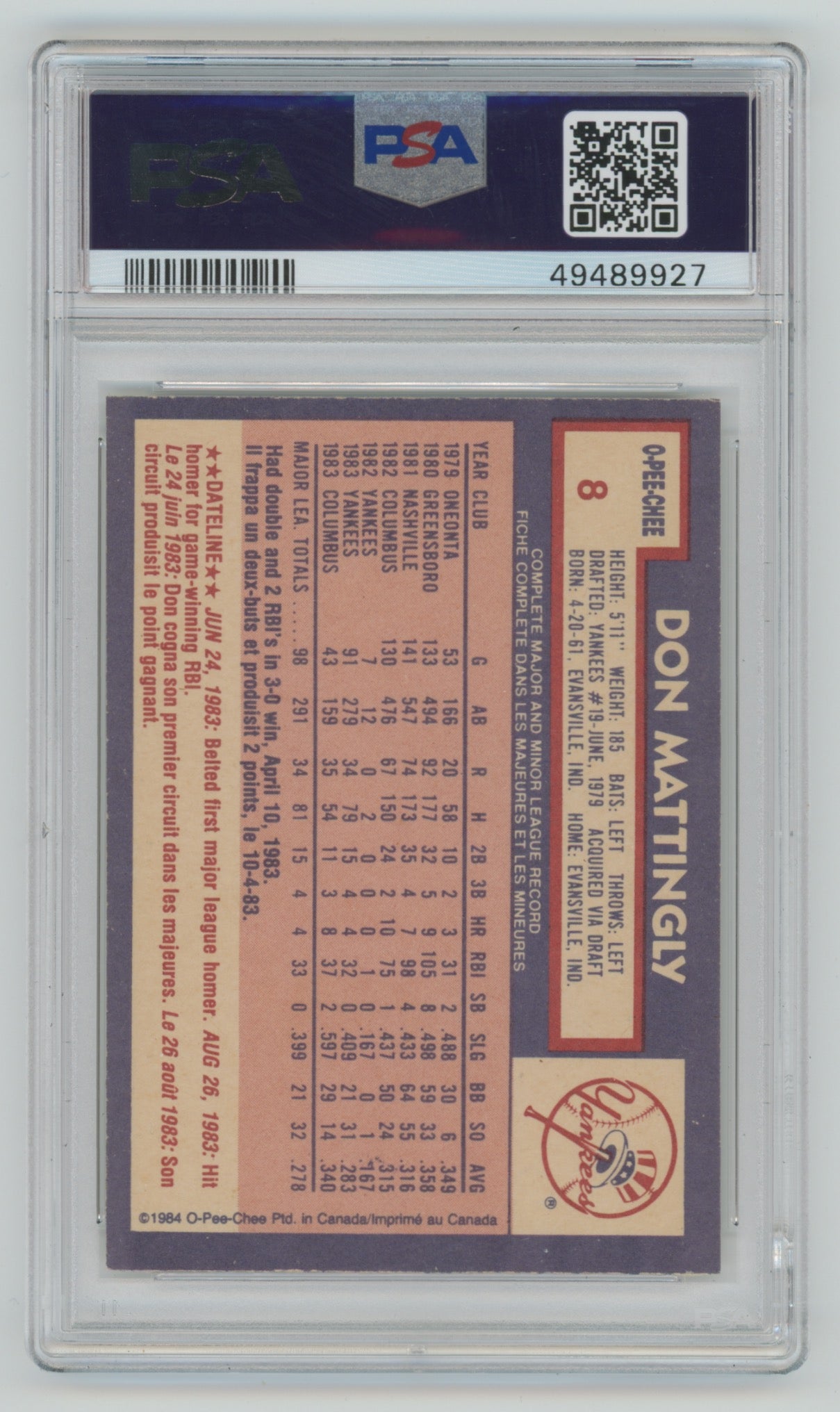 1984 O-Pee-Chee #8 Don Mattingly PSA 7 (Rookie)