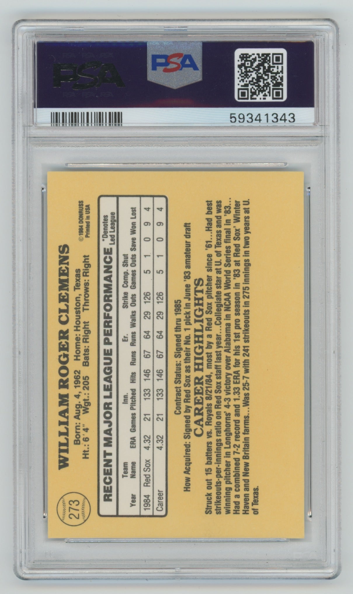 1985 Donruss #273 Roger Clemens PSA 9 (Rookie)
