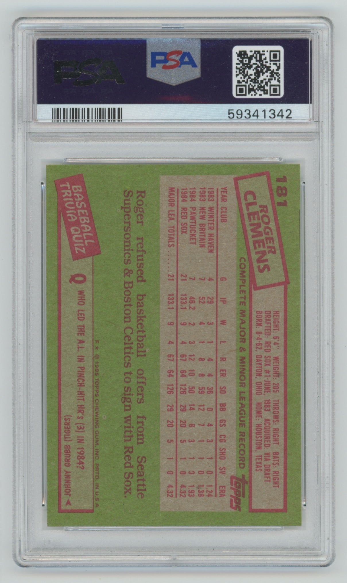 1985 Topps #181 Roger Clemens PSA 8 (Rookie)