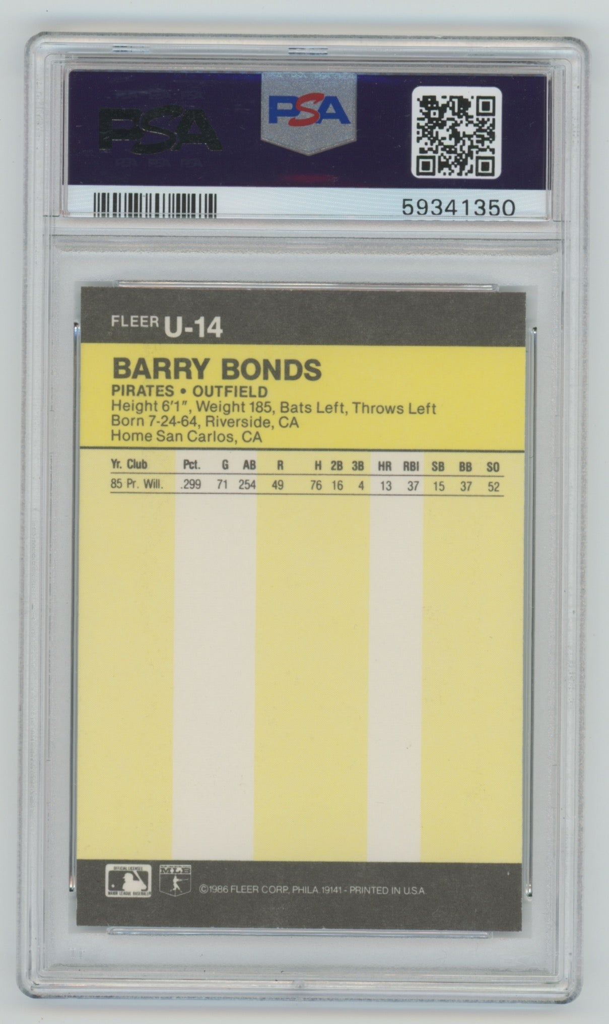 1986 Fleer Update #U-14 Barry Bonds PSA 8 (Rookie)