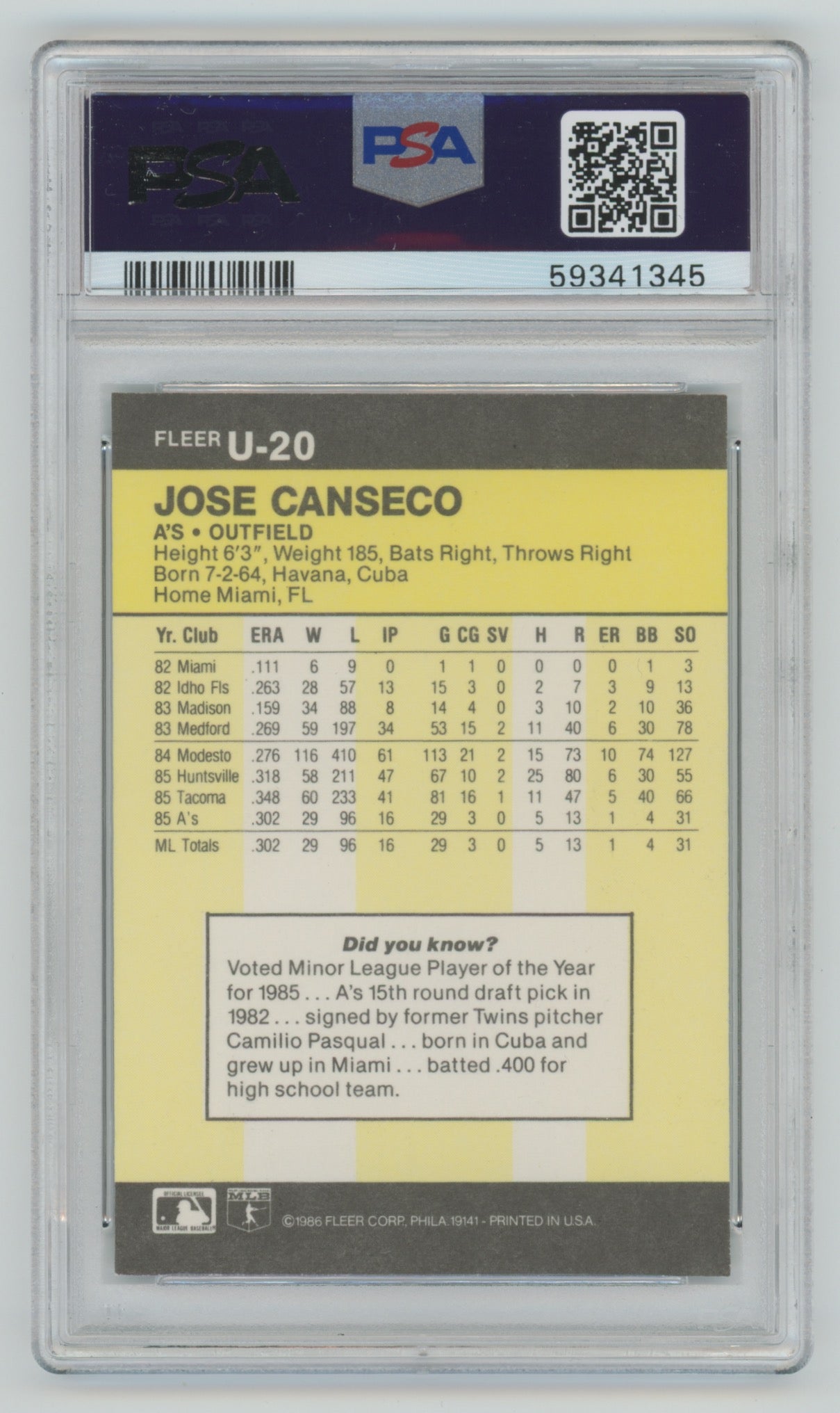 1986 Fleer Update #U-20 Jose Canseco PSA 8 (Rookie)