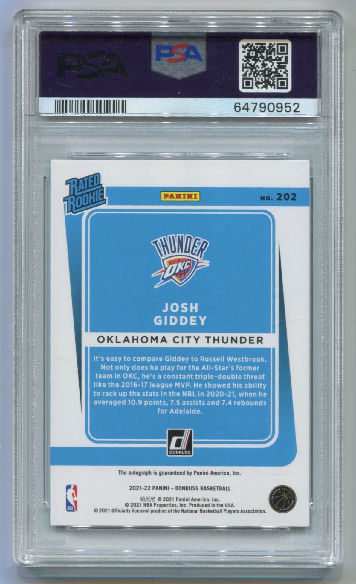 2021-22 Donruss Signatures Choice Blue #202 Josh Giddey #35/49 PSA 10 (Rookie)
