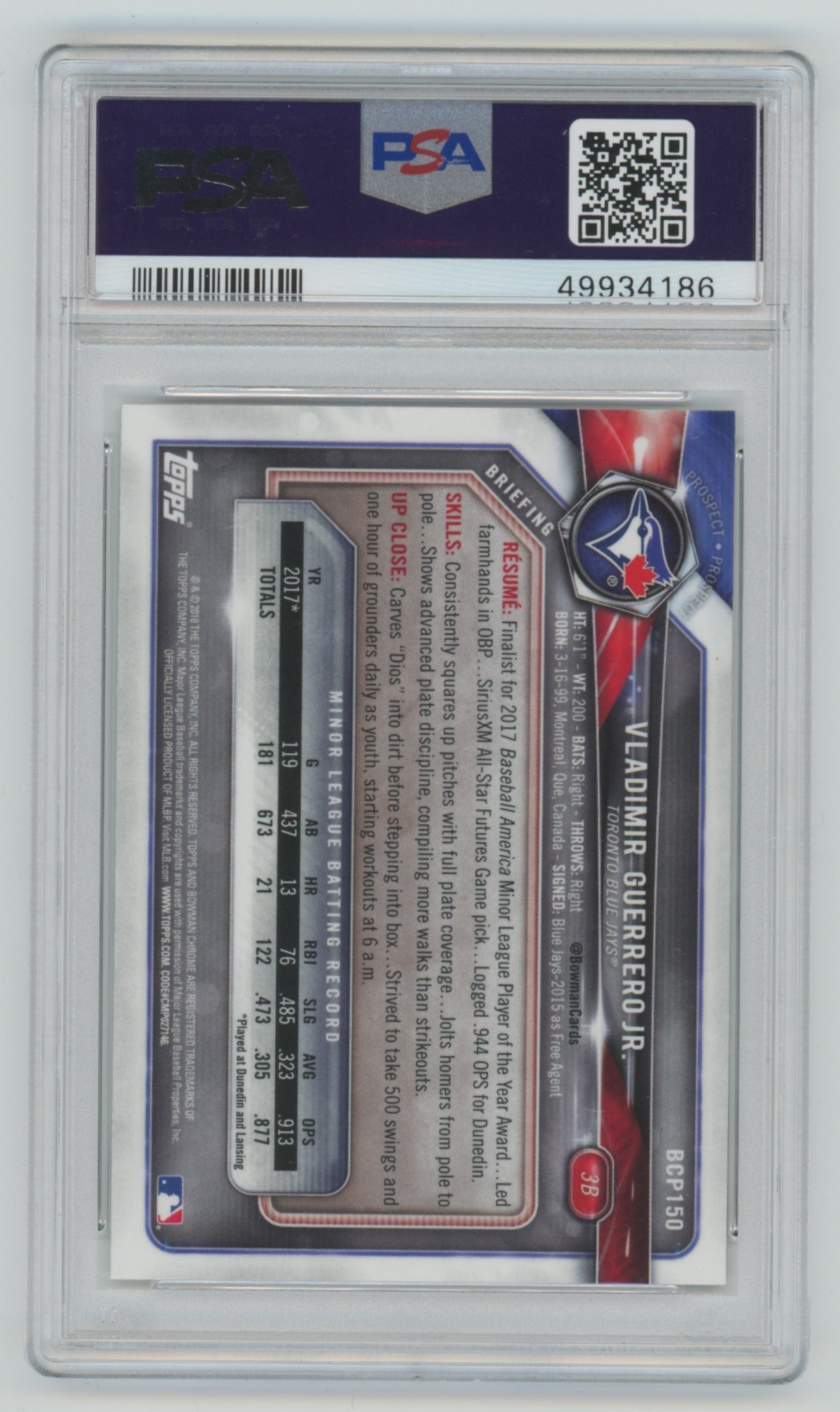 2018 Bowman Chrome Prospects #150 Vladimir Guerrero Jr. PSA 9