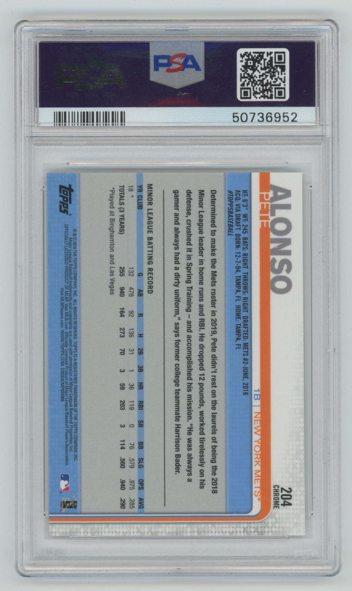 2019 Topps Chrome #204 Pete Alonso PSA 10 (Rookie)