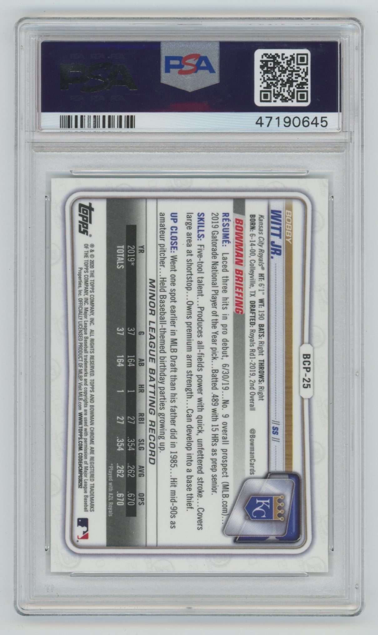 2020 Bowman Chrome Prospects #BCP25 Bobby Witt Jr. PSA 9