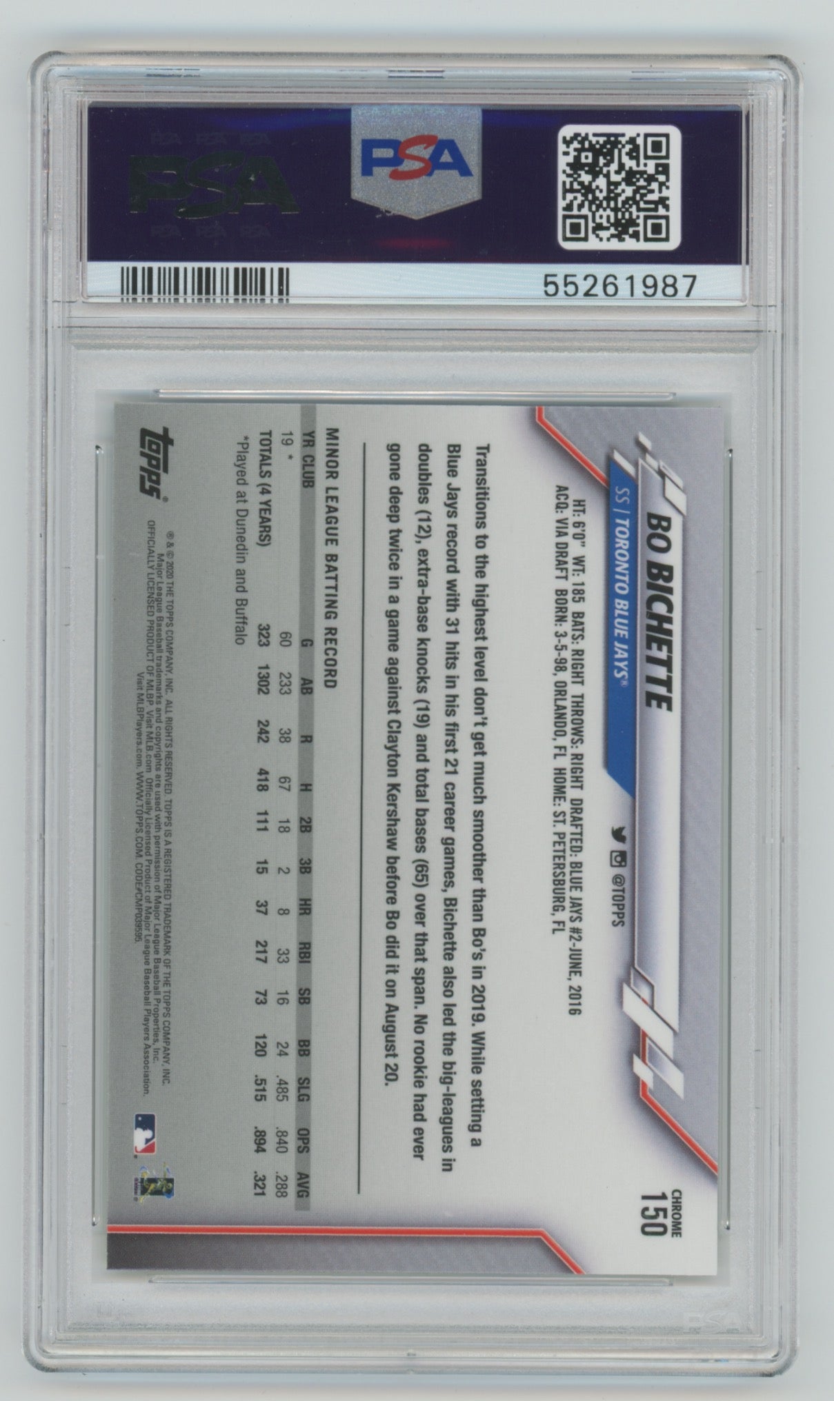 2020 Topps Chrome #150 Bo Bichette PSA 10 (Rookie)