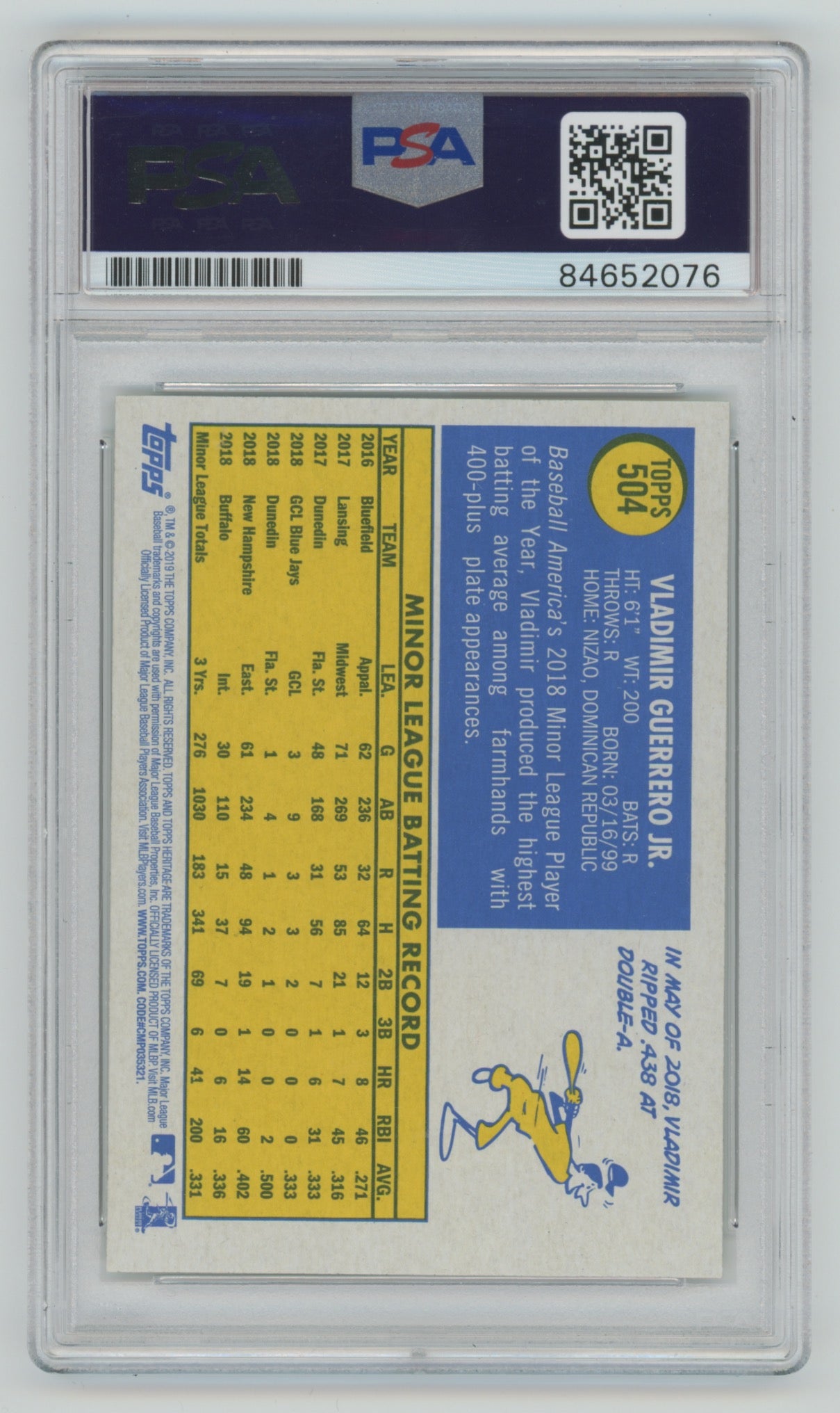 2019 Topps Heritage Signed Trading Card #504 Vladimir Guerrero Jr. PSA/DNA Auto Grade 10 (Rookie)