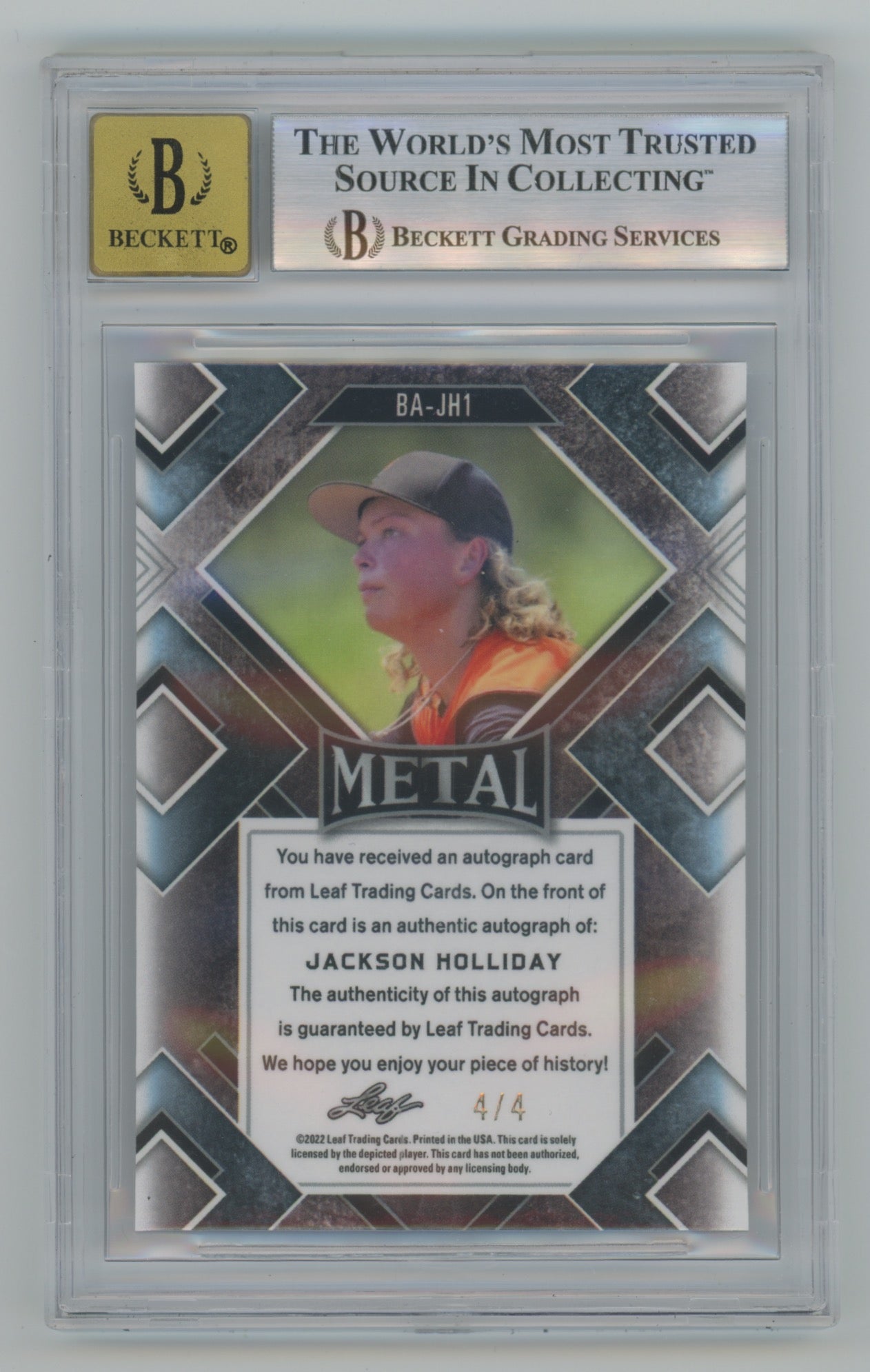 2022 Leaf Metal Tiger Wave Auto #BAJH1 Jackson Holliday #4/4 BGS 9 (Auto 10)