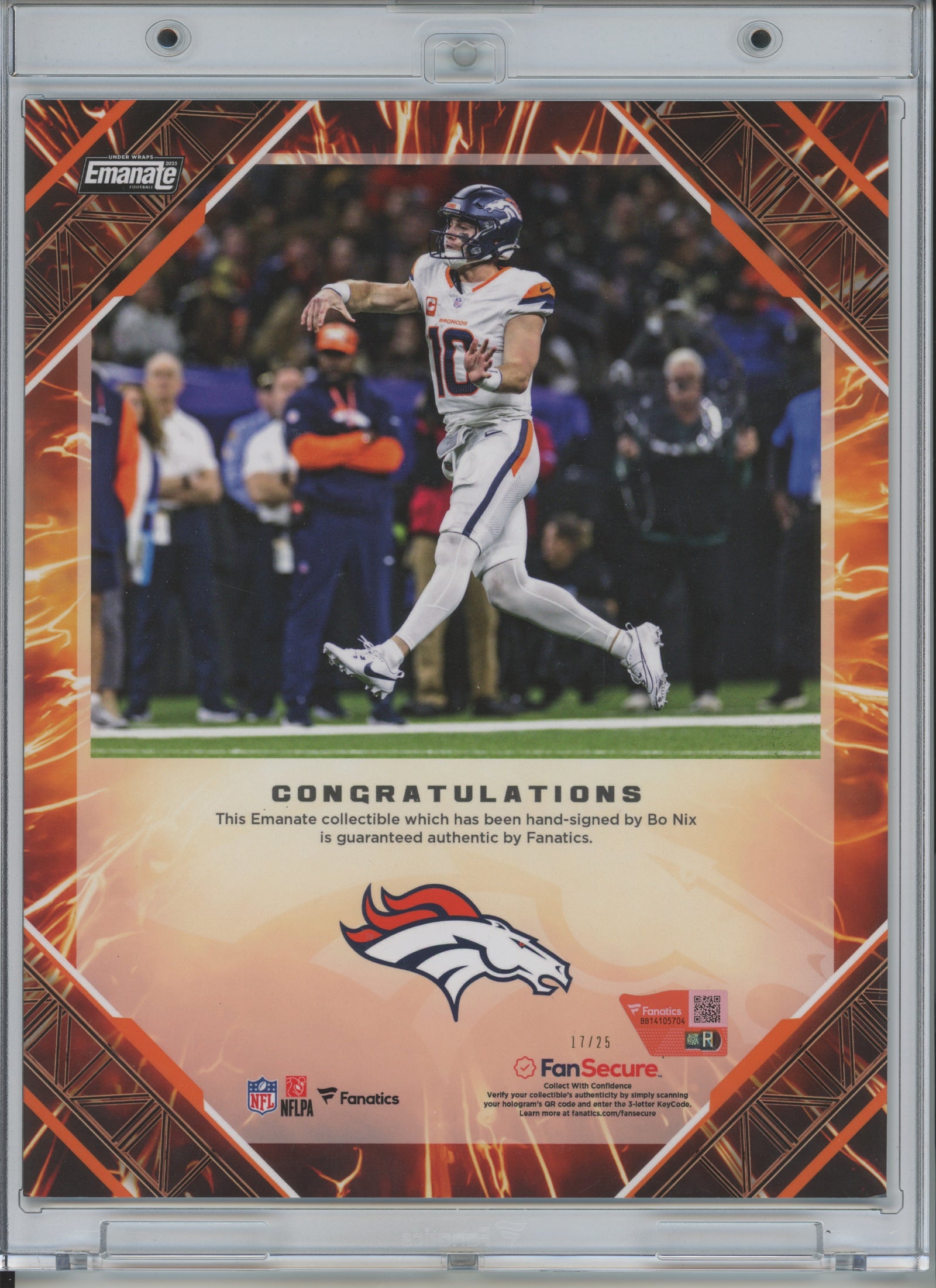2025 Fanatics Under Wraps Emanate Orange Bo Nix #17/25 Autographed Photo