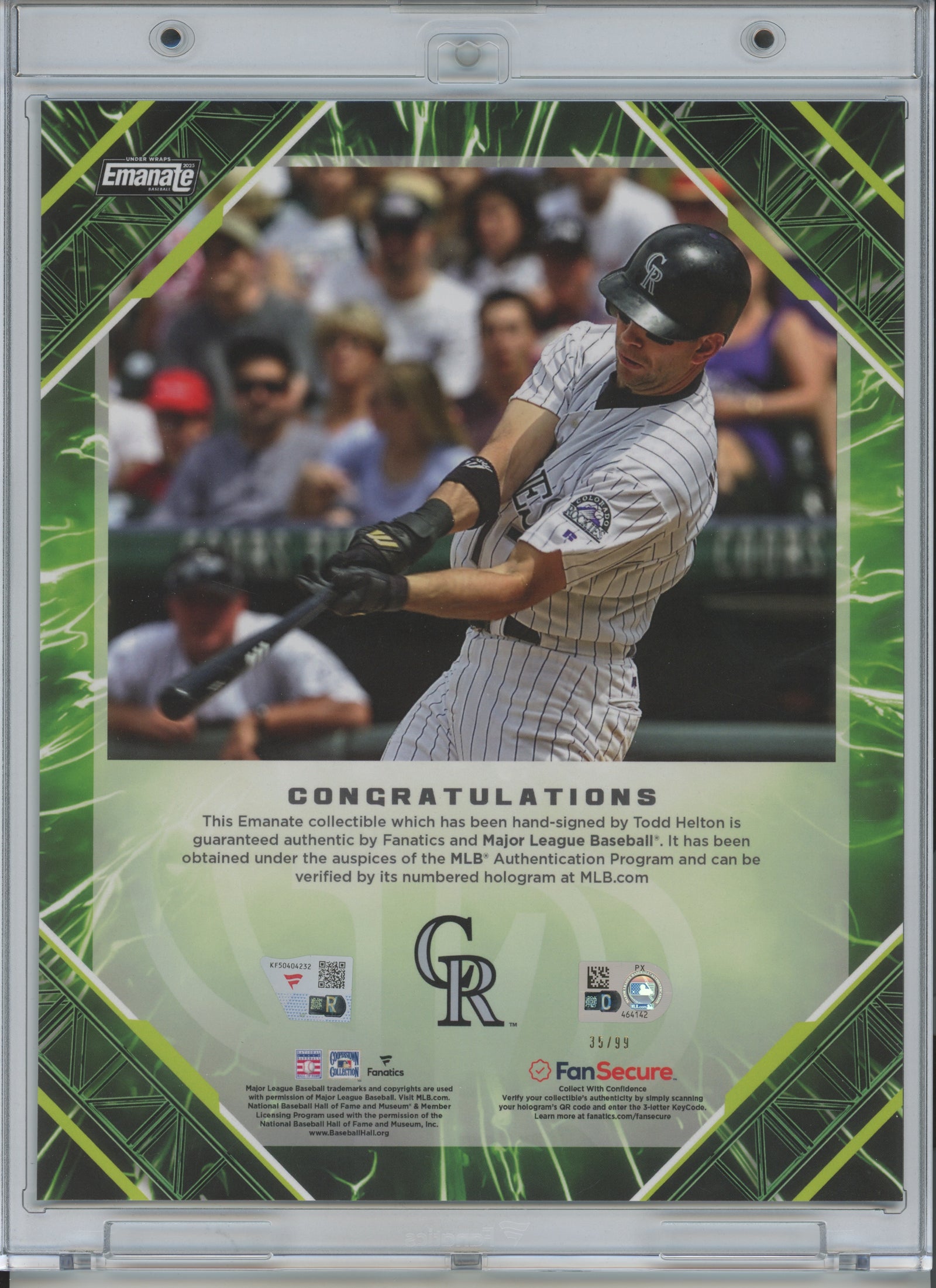 2025 Fanatics Under Wraps Emanate Green Todd Helton #35/99 Autographed Photo