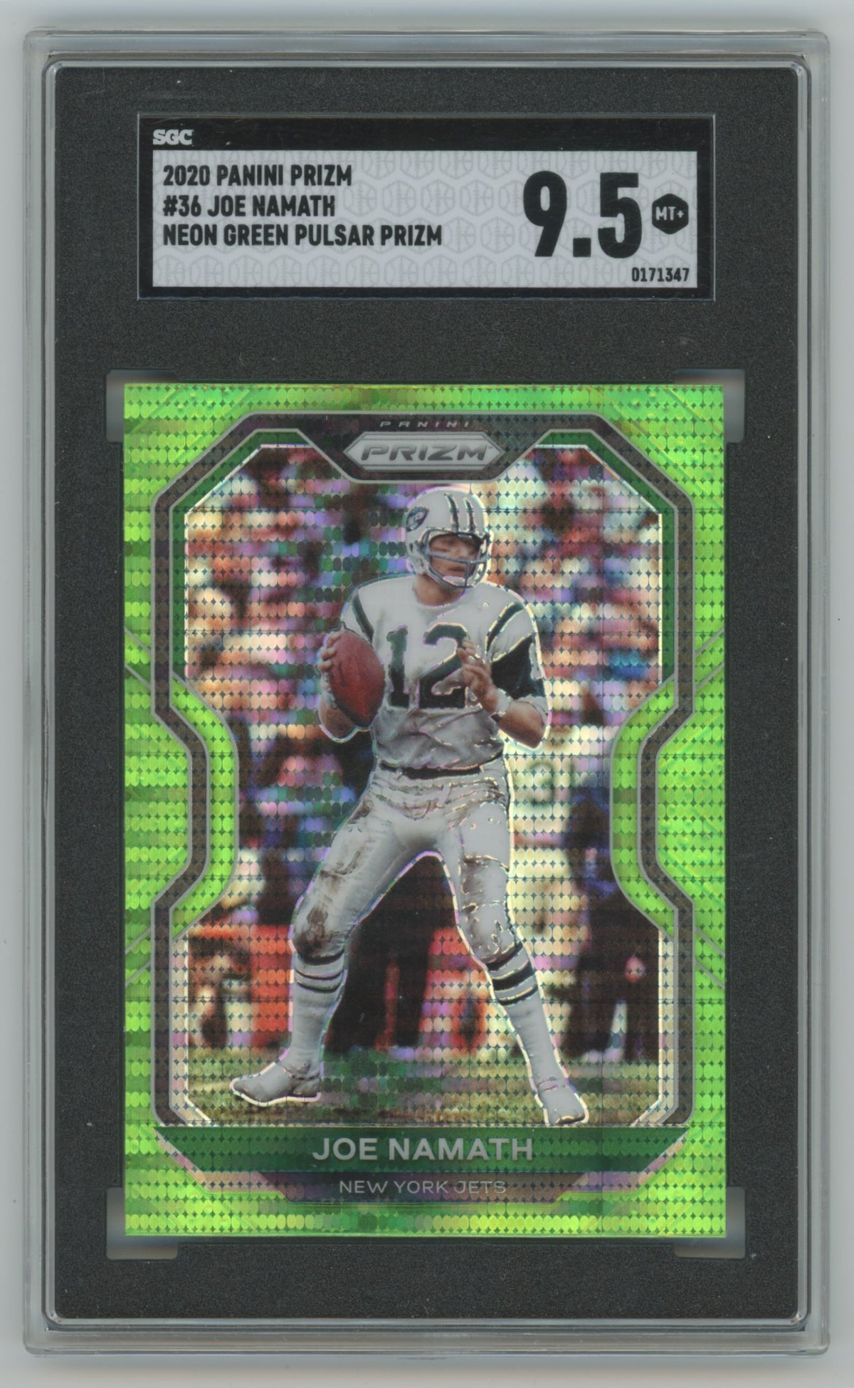 2020 Panini Prizm Neon Green Pulsar Prizm #36 Joe Namath SGC 9.5