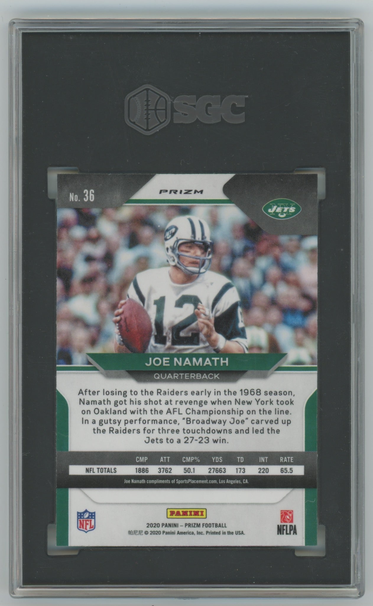 2020 Panini Prizm Neon Green Pulsar Prizm #36 Joe Namath SGC 9.5