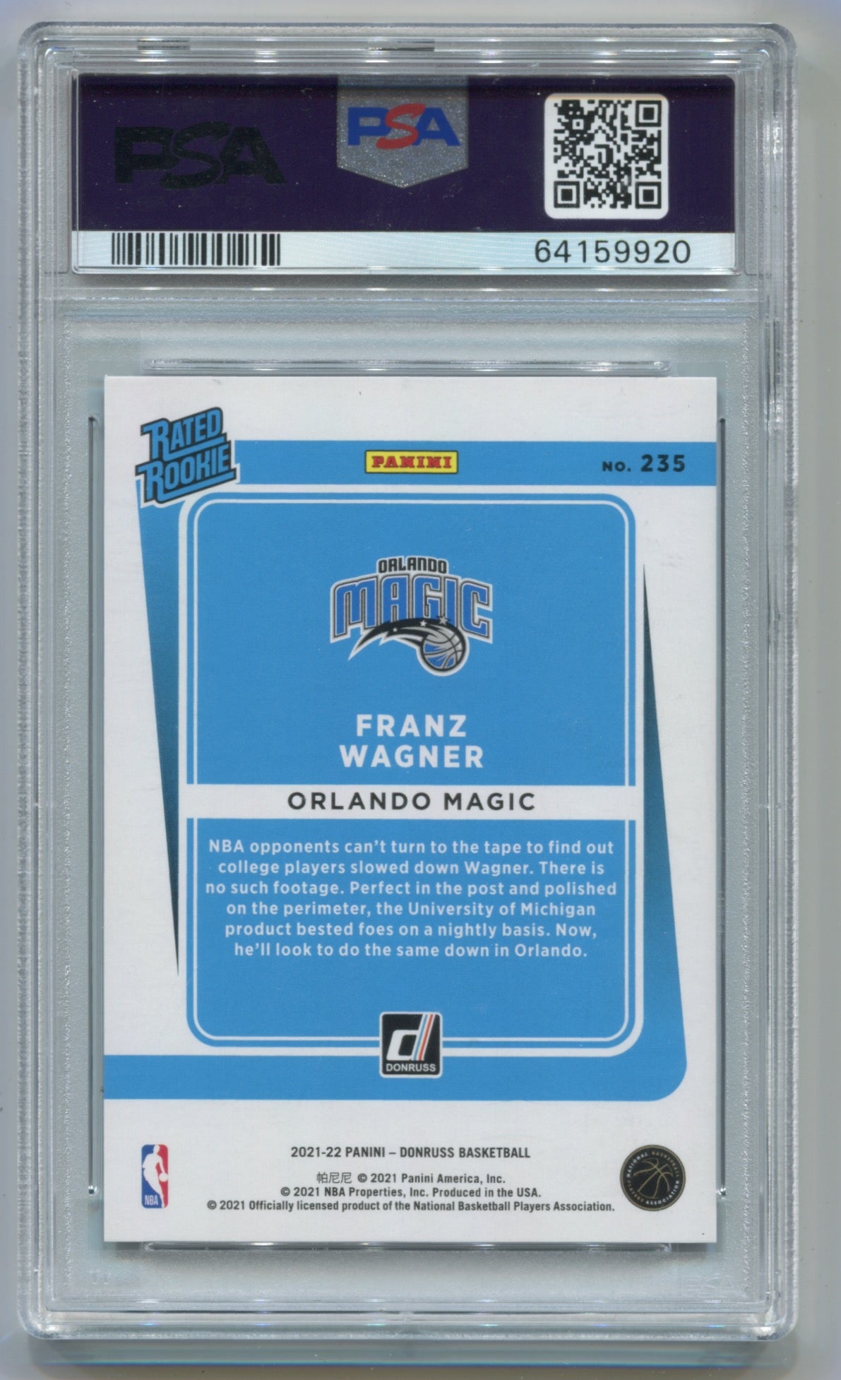 2021-22 Donruss Purple Laser Holo #235 Franz Wagner #04/99 PSA 10 (Rookie)