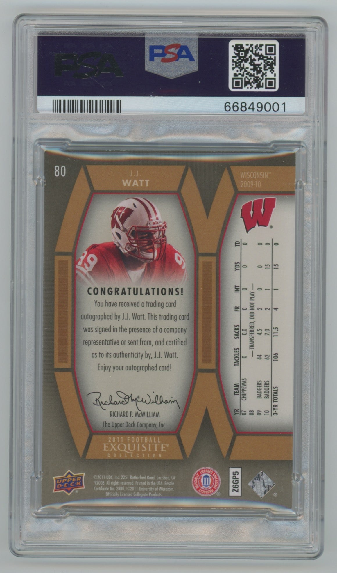 2011 Upper Deck Exquisite Collection Rookie Signatures #80 J.J. Watt #48/70 PSA 6 (Rookie)